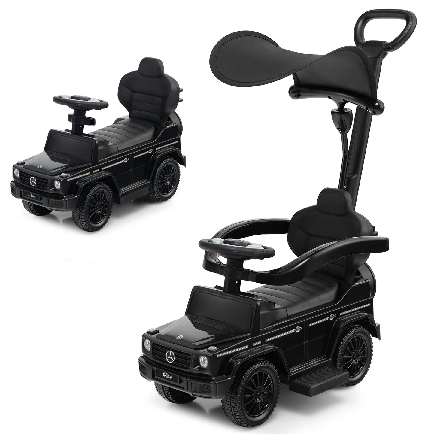 COSTWAY Mercedes Benz Ride-on Car, 3 in 1 Push Car with Sunshade & Storage & Removable Guardrail & Push Handle, Ride-On Vehicle with Engine Sound & Horn, for Kids 1 Year and Up (Black)