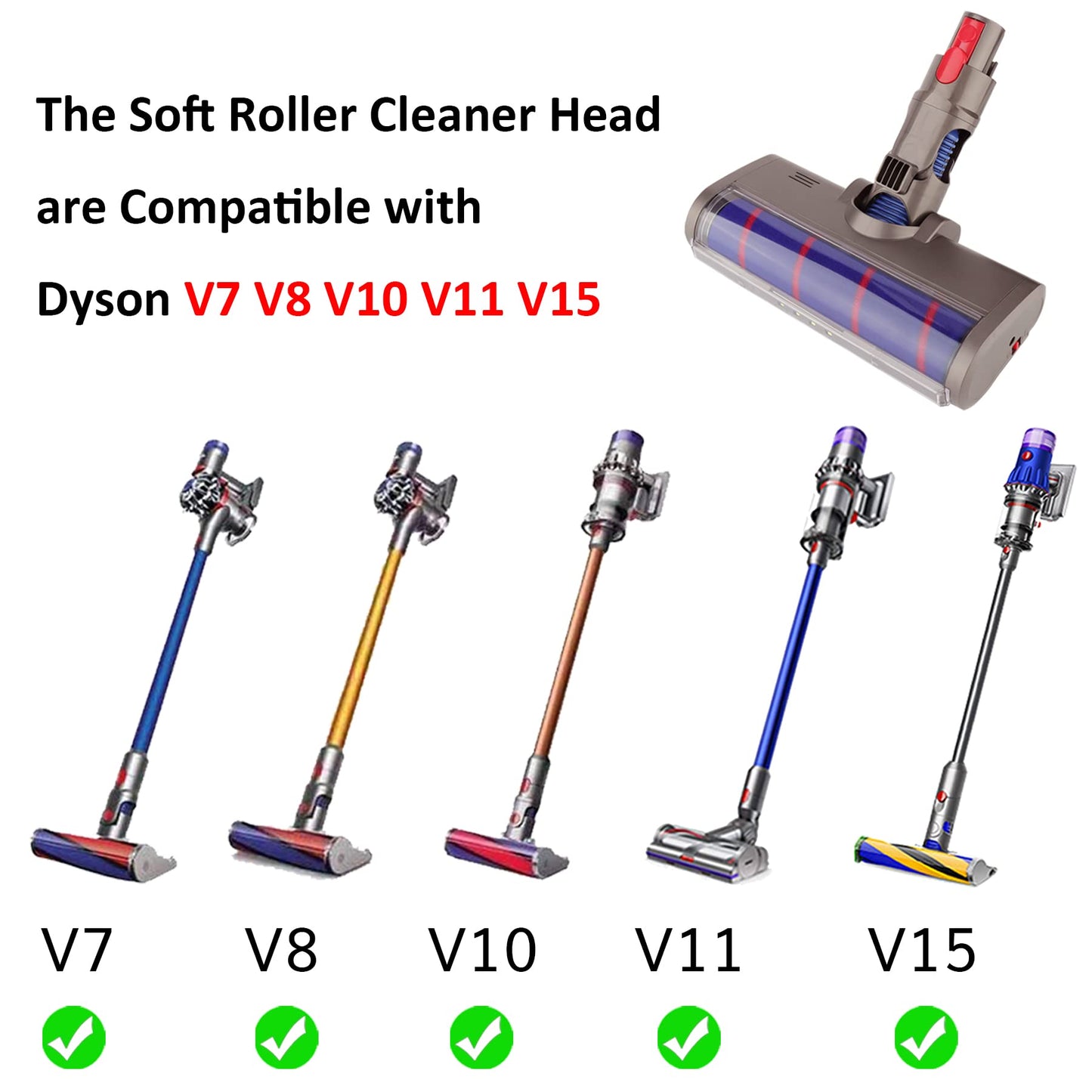AINUO Soft Roller Cleaner is a head floor brush compatible with Dyson V7, V8, V10, V11, V15, SV10, and SV11 cordless vacuum cleaners.