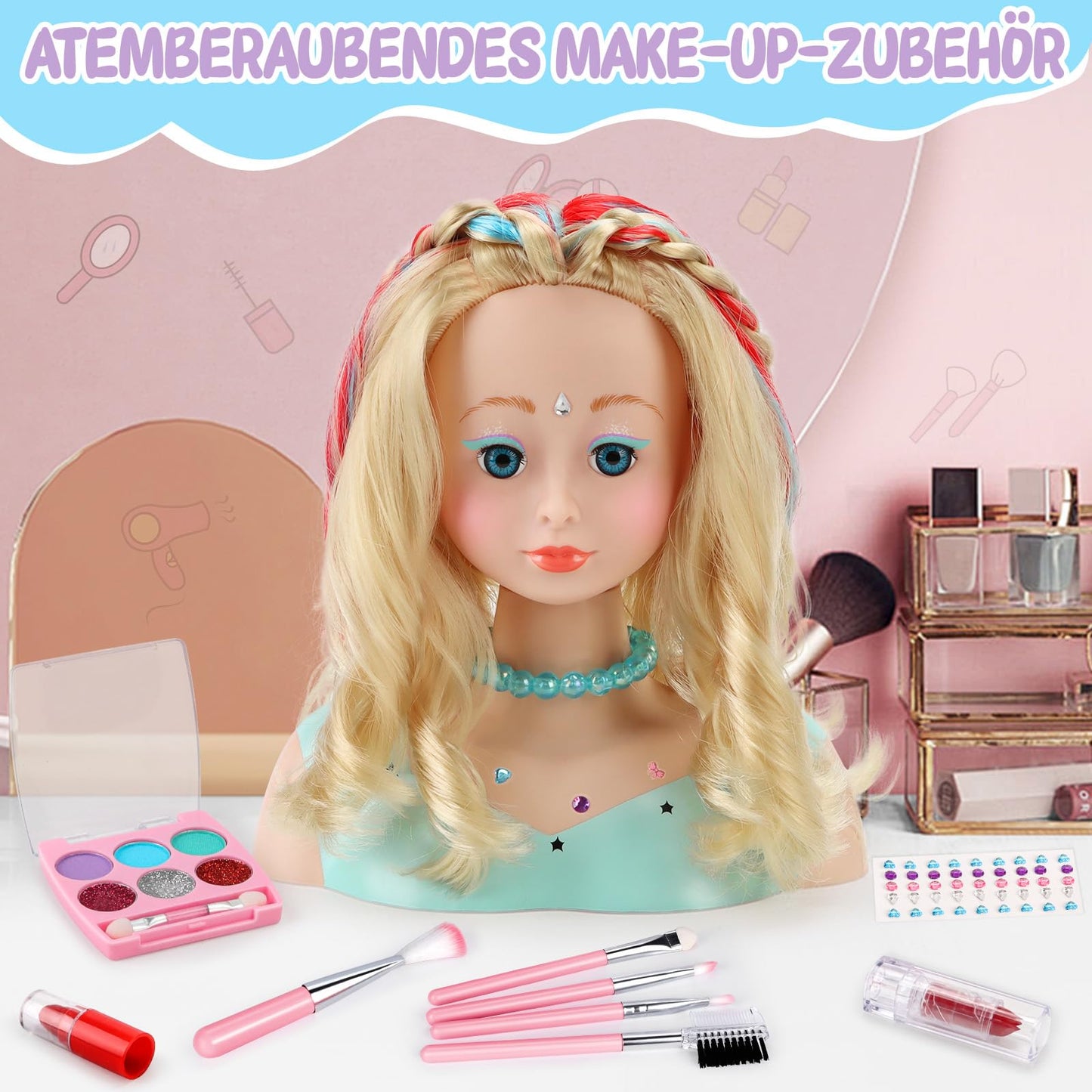 BuzzoXerex Styling Head Kid Set, 58 Piece Makeup Head for Girls Washable, Doll Head for Styling Kids with Hair Accessories and Cosmetics Birthday Christmas Gifts for 3 and up (Blue)