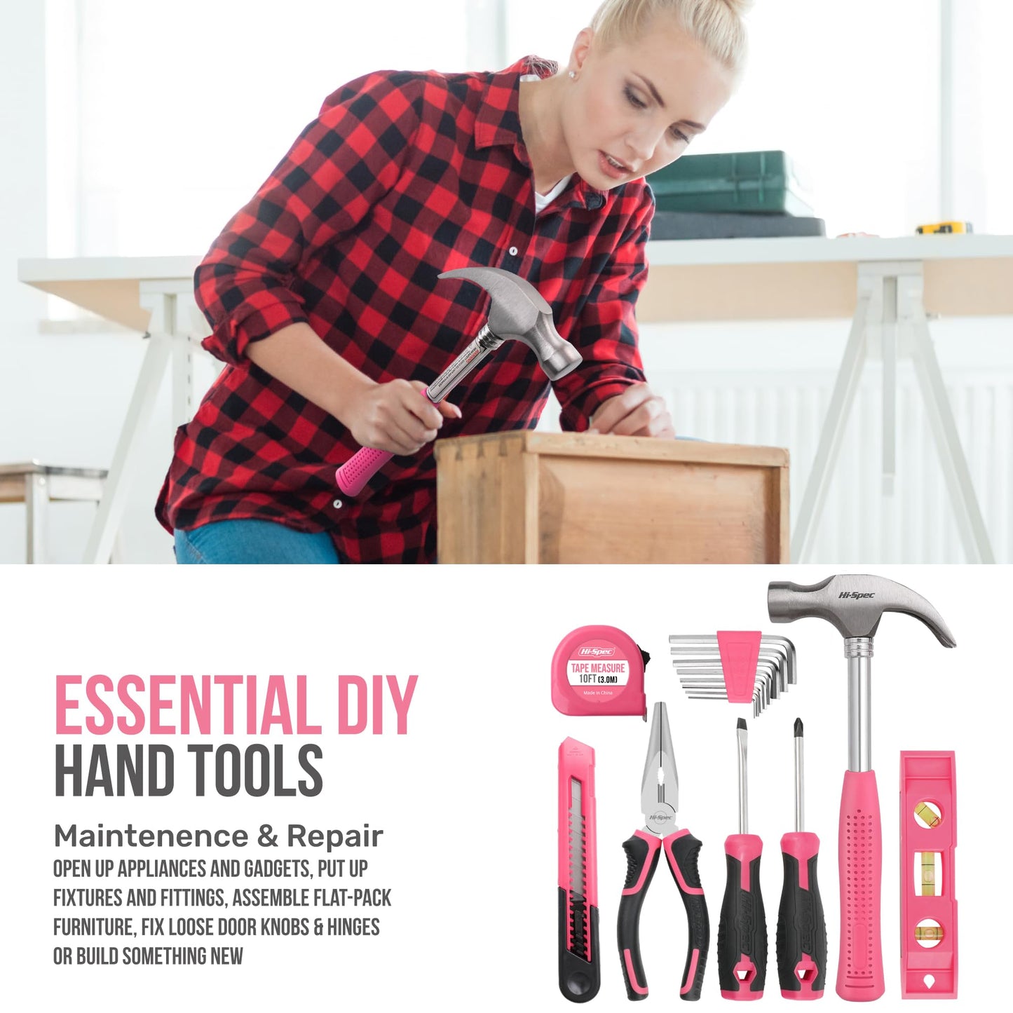 Hi-Spec 58 piece tool set in pink. Cordless drill toolbox tool kit: Tool case filled with 8V cordless drill - tools for women household workshop DIY.