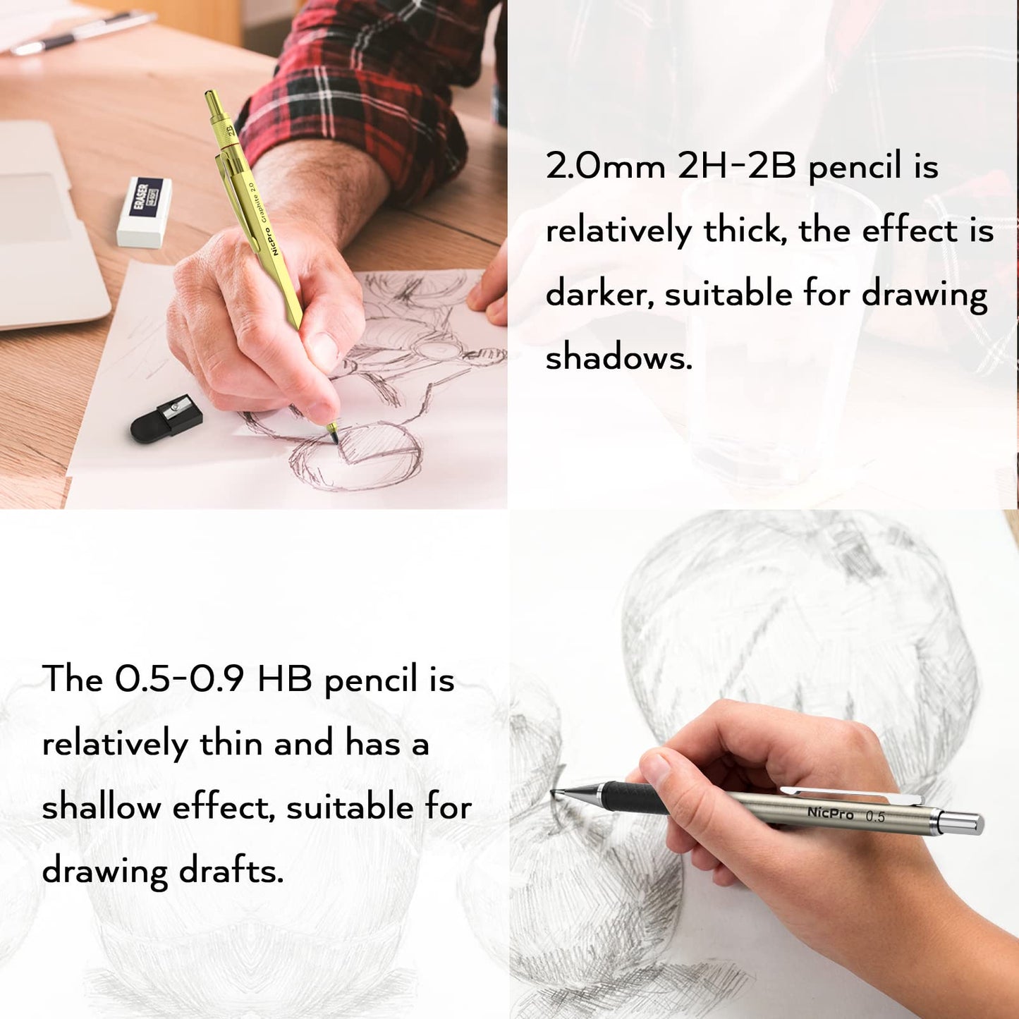 Nicpro 6 Piece Metal Mechanical Pencil Set with Case, Golden Pencils 0.5 & 0.7 & 0.9 & 2.0 mm Mechanical Pencil (2B HB 2H) with 12 Tubes of Lead, for Writing, Sketching, and Drawing