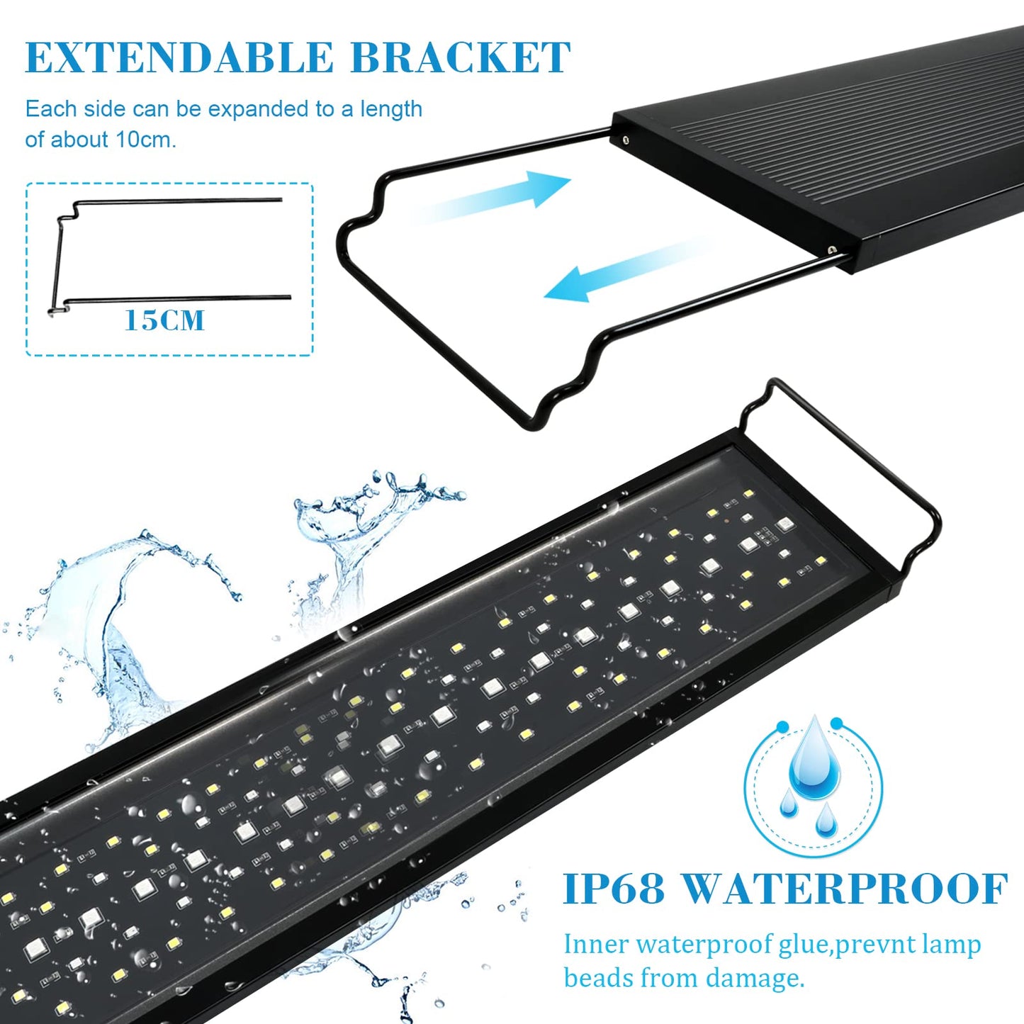 Aquarium LED lighting, 24/7 mode Dimmable 36W 2778 lumens aquarium light with timer for 90cm fish tank with adjustable bracket.
