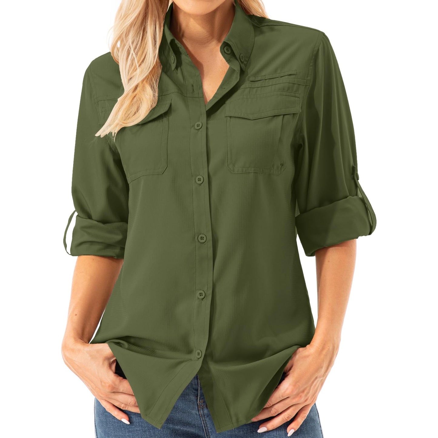 Asphyxiated ladies button-down UV shirt UPF 50+ safari clothing hiking blouse women outdoor cooling quick dry sun protection long sleeve airy shirt(5072 Army Green M)