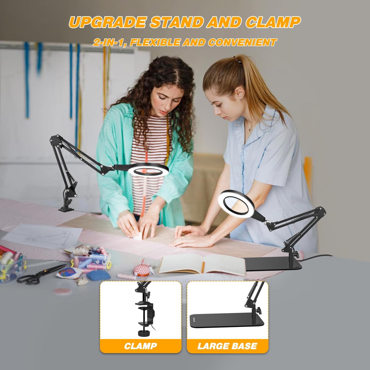 NEWACALOX magnifying glass with light and stand, touch control 2-in-1 magnifier, 8x magnification magnifying lamp, 3 color modes dimmable desk magnifier with lighting, reading magnifier with light for elderly large.