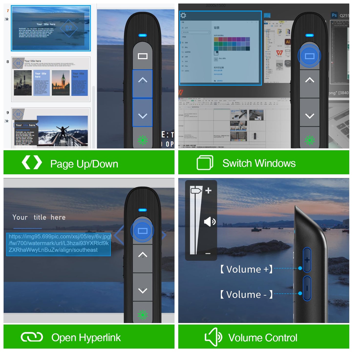 Rechargeable USB C Green Presenter, 2.4 GHz Wireless PowerPoint Remote, Green Pointer for Presentations, Presentation Remote for Windows/Mac/PowerPoint/Keynote/Google Slides/PDF.