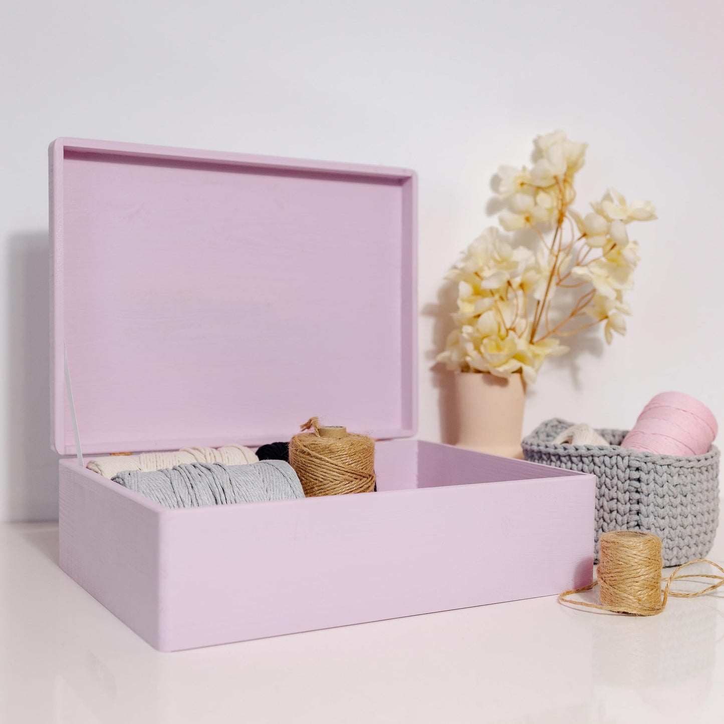 Creative Deco XL Pink Large Wooden Box with Lid | 40x30x14 cm (+/- 1cm) | Memory Box Baby Wood Box with Lid Painted Case | For documents, toys, Christmas | RAW & UNSANDED