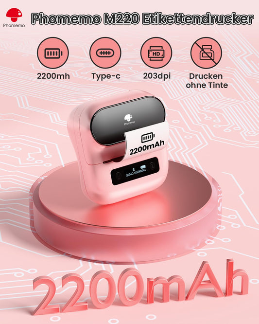 Phomemo M220 Label Printer Self-Adhesive Labeling Machine Thermal Printer Bluetooth Portable Labeler for Addresses, Mailing, Small Businesses, compatible with Phone and PC with 3 Rolls, Pink