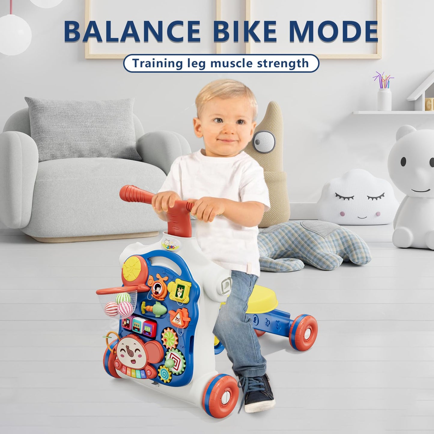 HYES 5 in 1 walker, baby play and walking aid with music and detachable playboard, baby walker toy, for children from 3-30+ months, blue