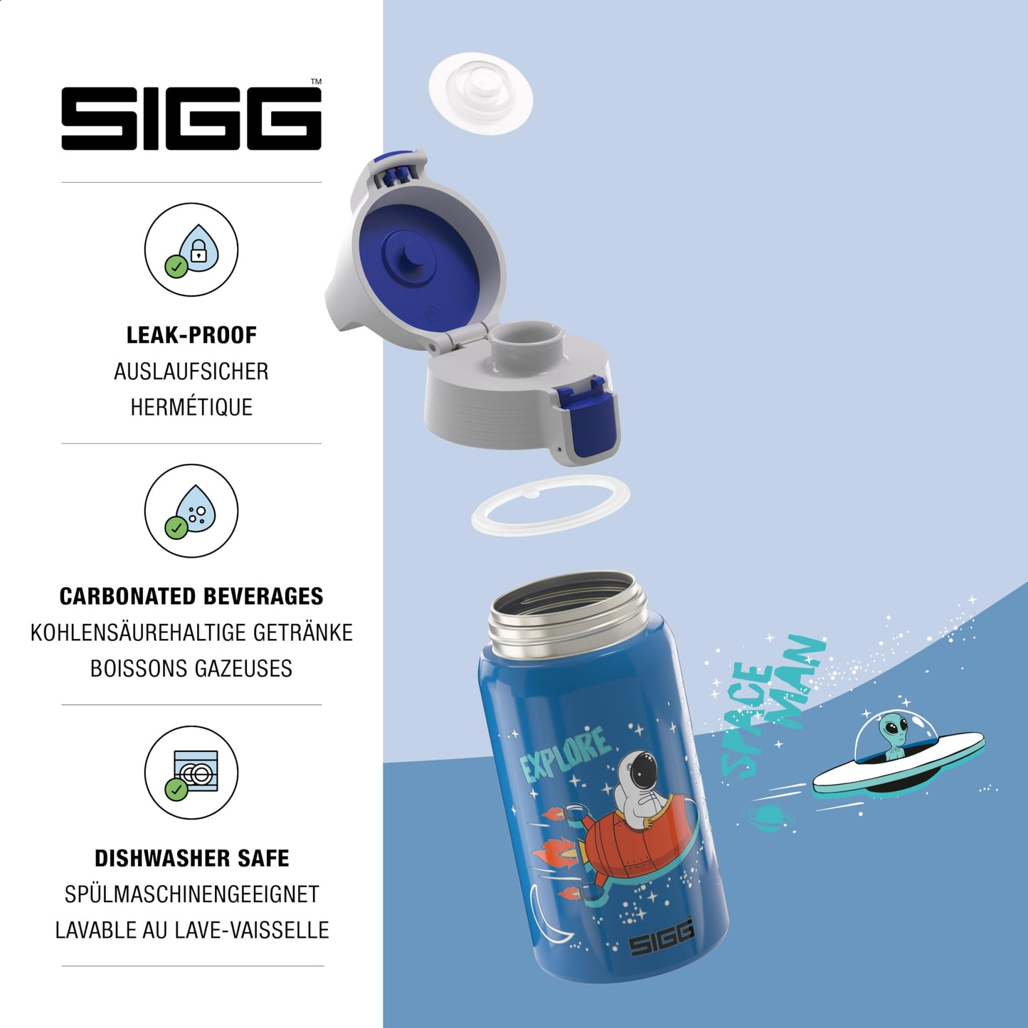 SIGG Shield One Space Kids Water Bottle (0.5 L), stainless steel bottle with leak-proof lid, one-handed operation for easy drinking.