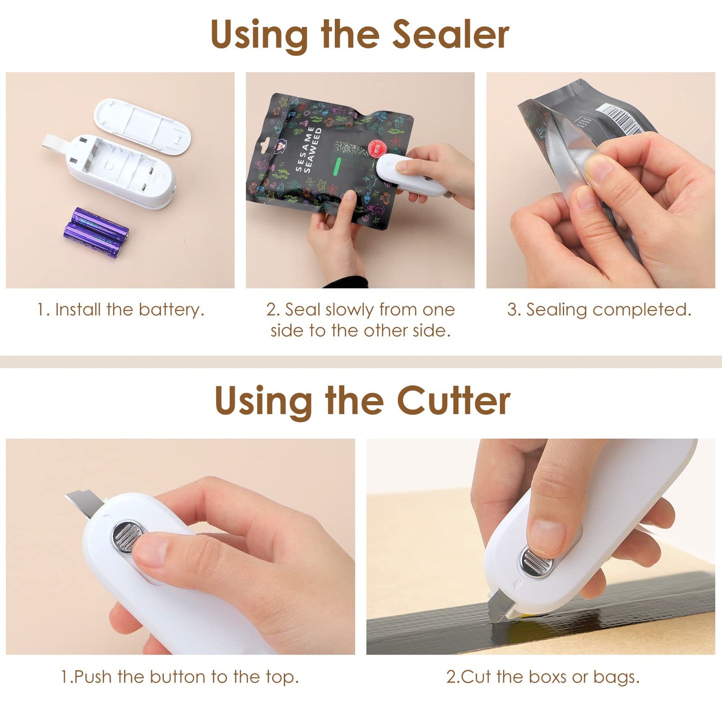 ODSD Mini Heat Sealer, 2 in 1 Bag Sealer with Cutter Sealing Machine Hand Sealing Device for Plastic Bags Pouch Chip Bags Food Storage Snack (White)