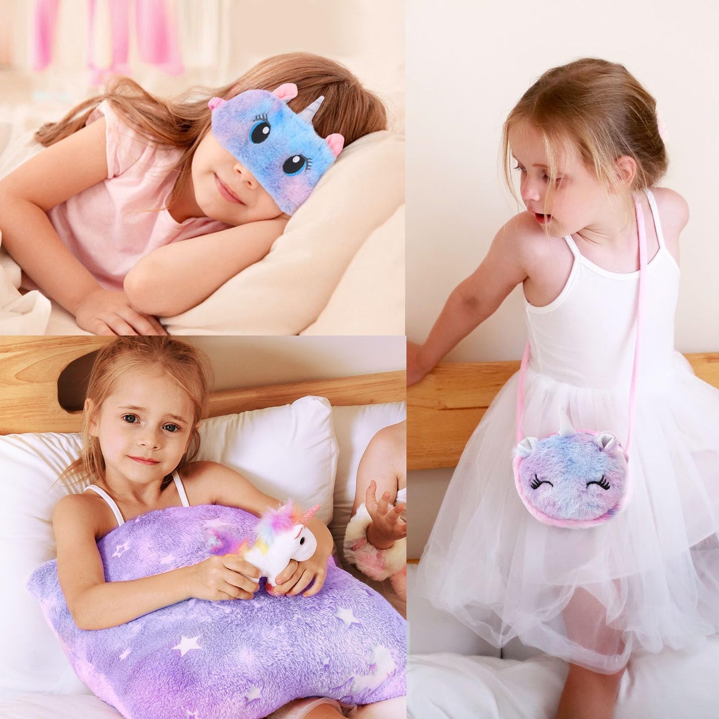 Taco bear unicorn gifts for girls aged 5-11 years old. Includes unicorn blanket, glow-in-the-dark pillowcase, stainless steel thermos, bath bombs, shoulder bag, eye mask. Perfect birthday gift for girls.