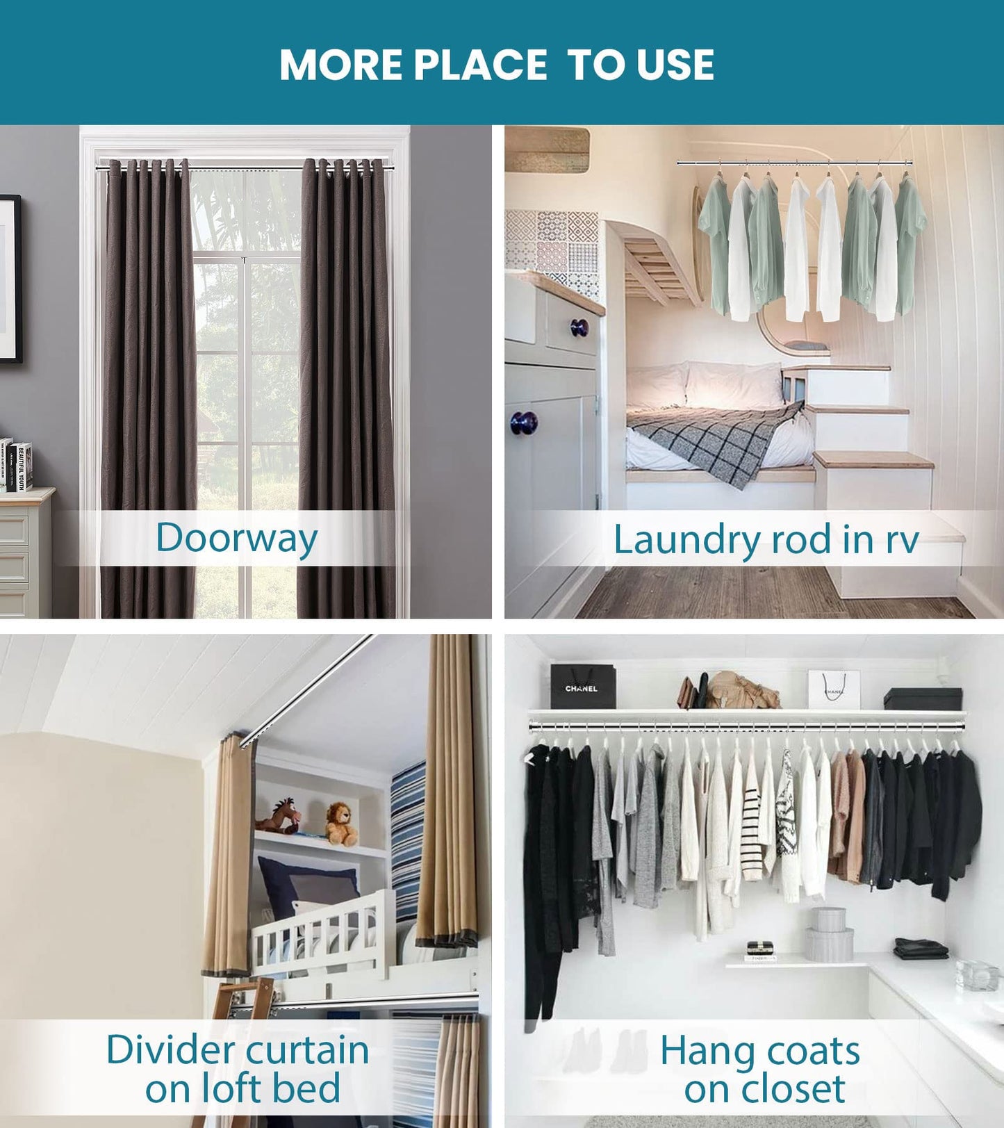 Telescopic rod - Extendable 155 to 260cm shower curtain rod without drilling adjustable clothes rod by twisting Adjustable, including 12 shower rings - Secure grip - Stainless steel shower rod