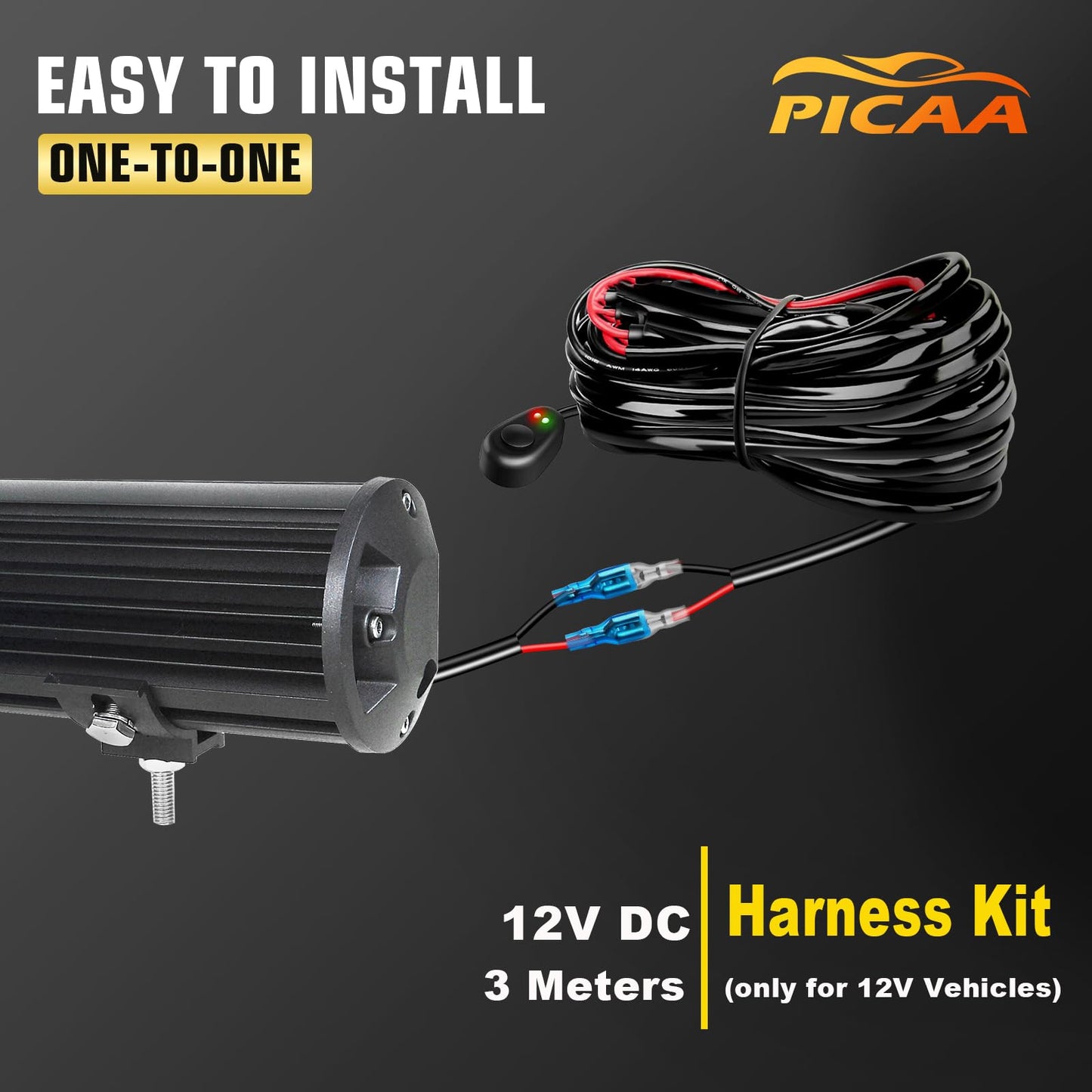 PICAA 20 inch 126W LED Lightbar Car 12V With Wiring Harness Led Light Bar Work Light 6000K White Waterproof for Offroad Truck 4WD 4x4 SUV Vehicle UTV ATV