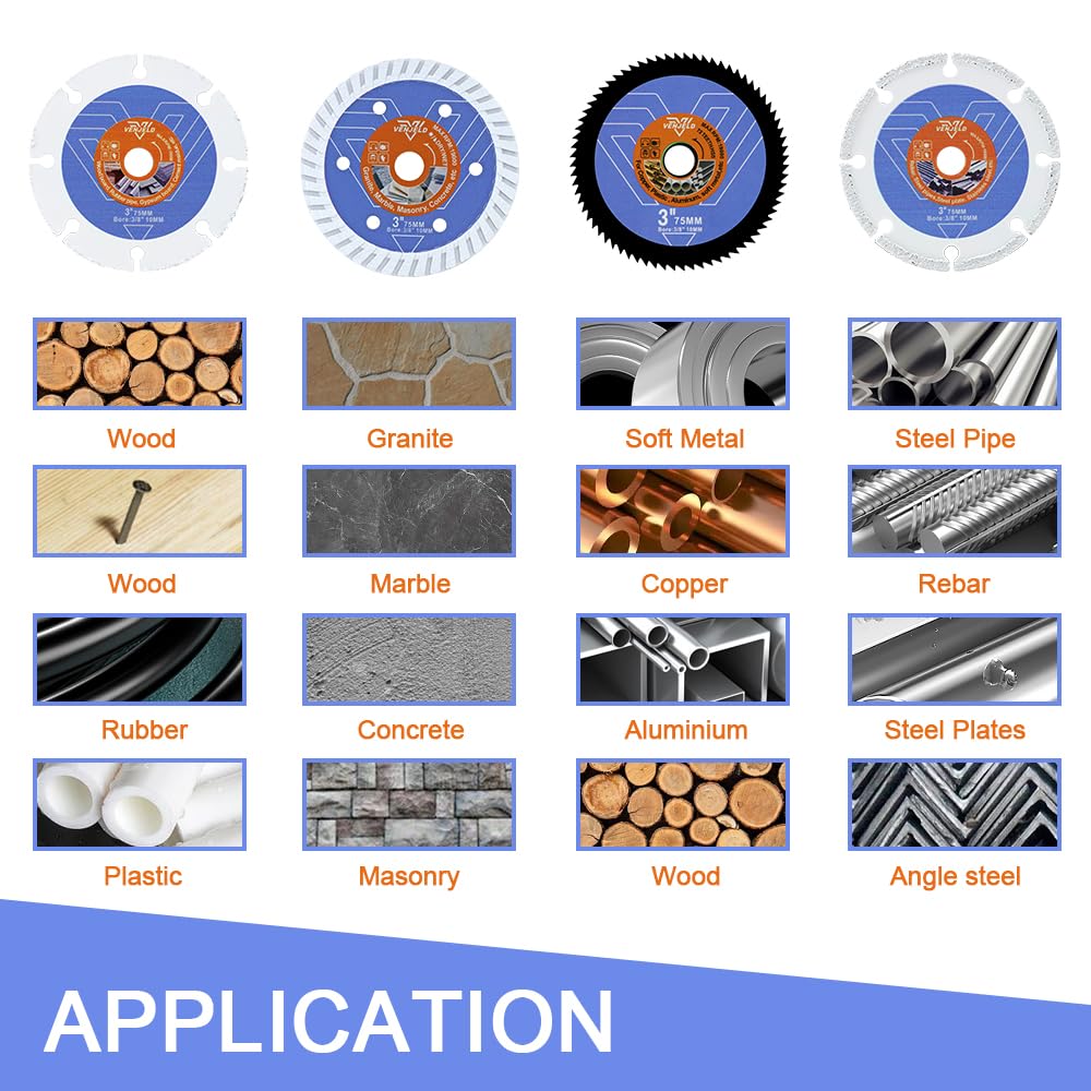 75mm saw blade set - 4 pieces. Diamond cutting disc/wood cutting disc/HSS circular saw blade/metal cutting disc with 10mm bore for concrete, masonry, wood, plastic, metal cutting. VENJELD