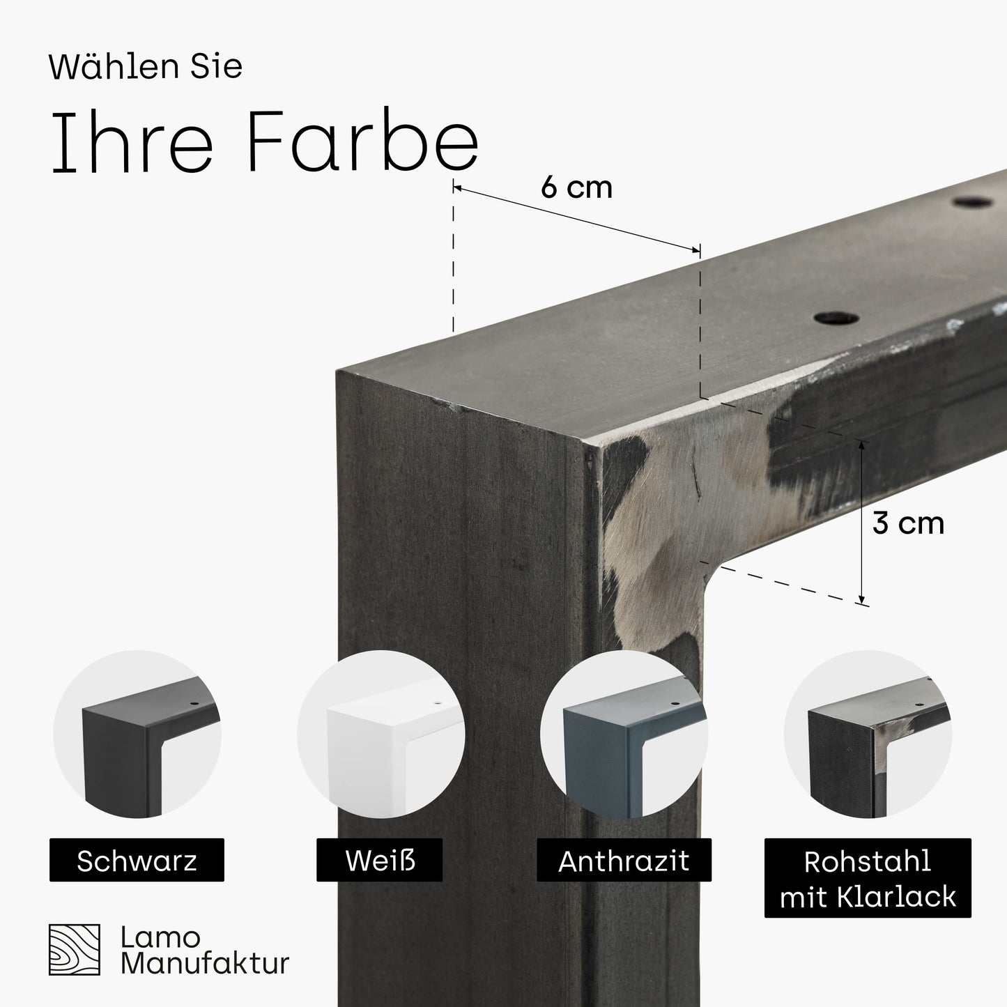 LAMO Manufacture table legs for desk dining table, Simple Medium, square profile 60x30 mm, table frame 60x72 cm (WxH), raw steel with clear lacquer, 2 pieces, LTS-01-D-CC-0000