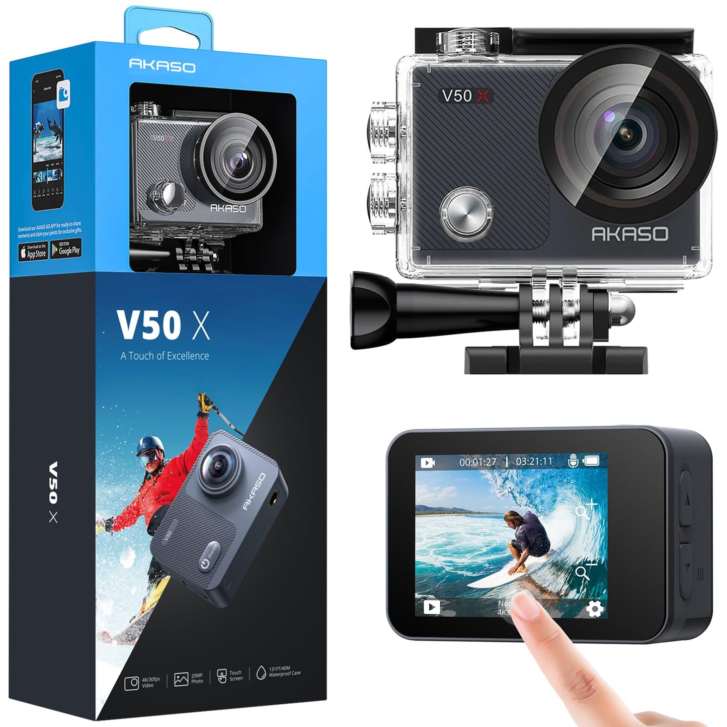 AKASO Action Cam 4K30FPS Underwater Camera WiFi 40M EIS Anti-Shake Action Camera 4X Zoom with Touchscreen, Remote Control, Waterproof Housing, Helmet Accessories Kit V50X