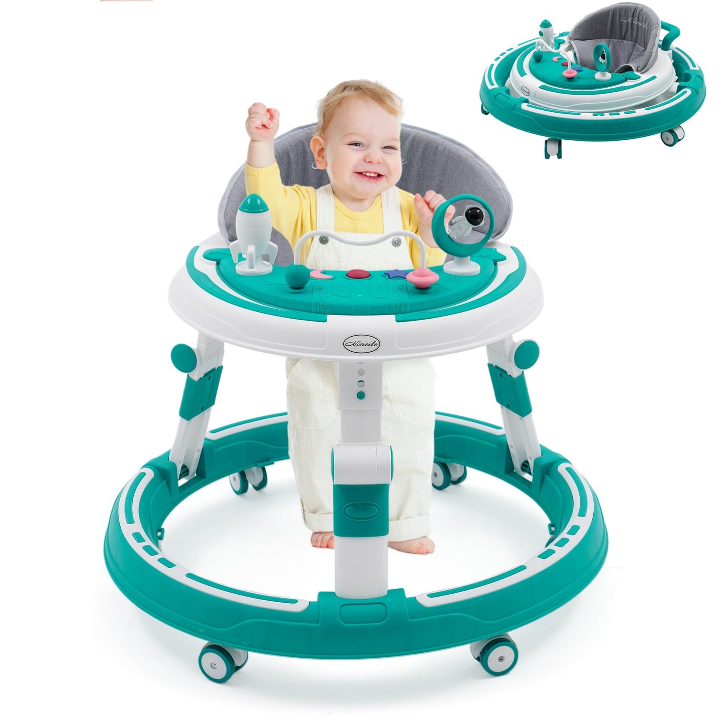 3 in 1 baby walker, height adjustable & foldable, with over-rolling walking wheels, stable tray, and toy center. Suitable for babies from 6 months old. (Blue)
