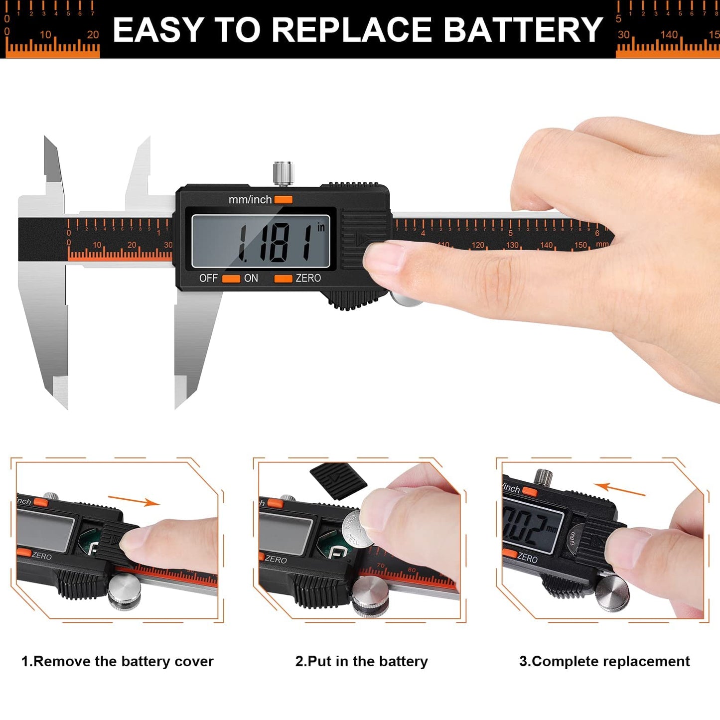 HARDELL Digital Caliper 150mm, Stainless Steel with LCD Display, Inch and Millimeter Conversion, Household & Industrial Measuring Tool with 2 Spare Batteries