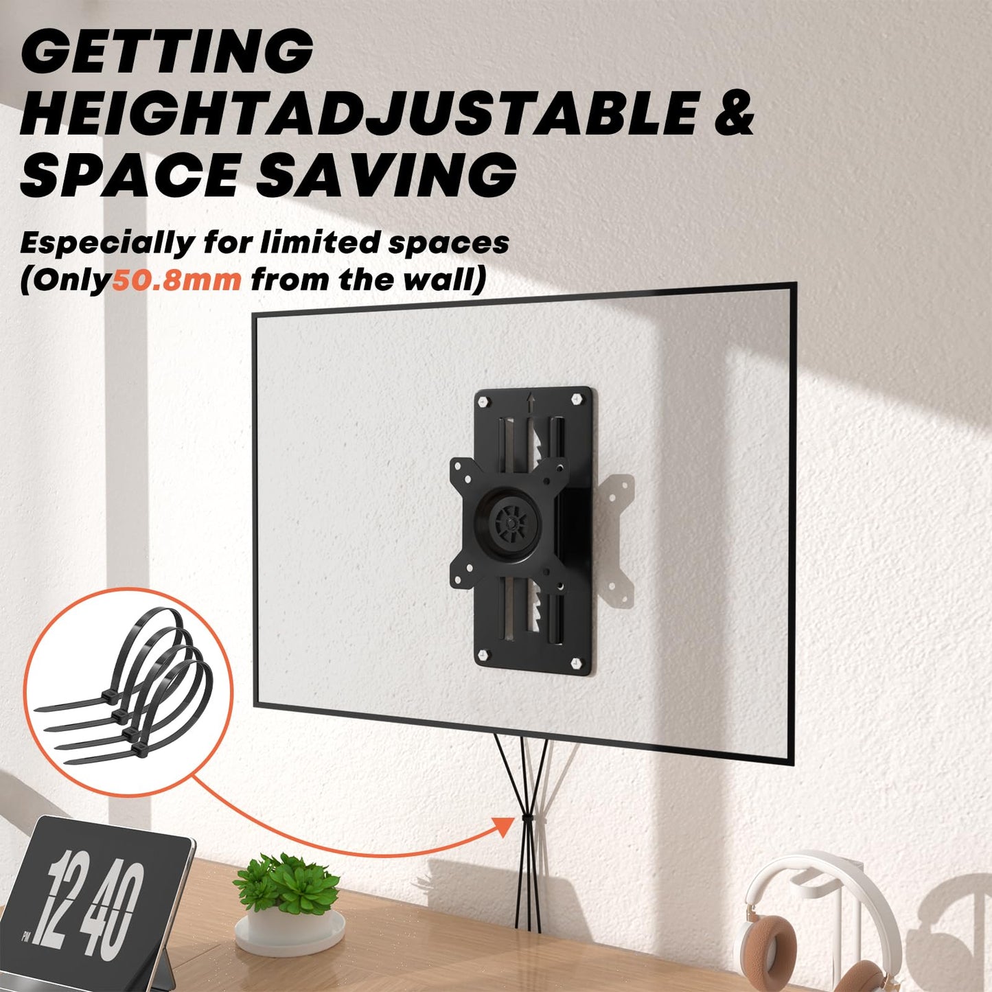 Height adjustable monitor wall mount for 1 monitor, suitable for 13-35 inch screens. Ultra-slim PC monitor holder, swivel and tilt, with VESA 75x75/100x100mm, supports up to 10kg.