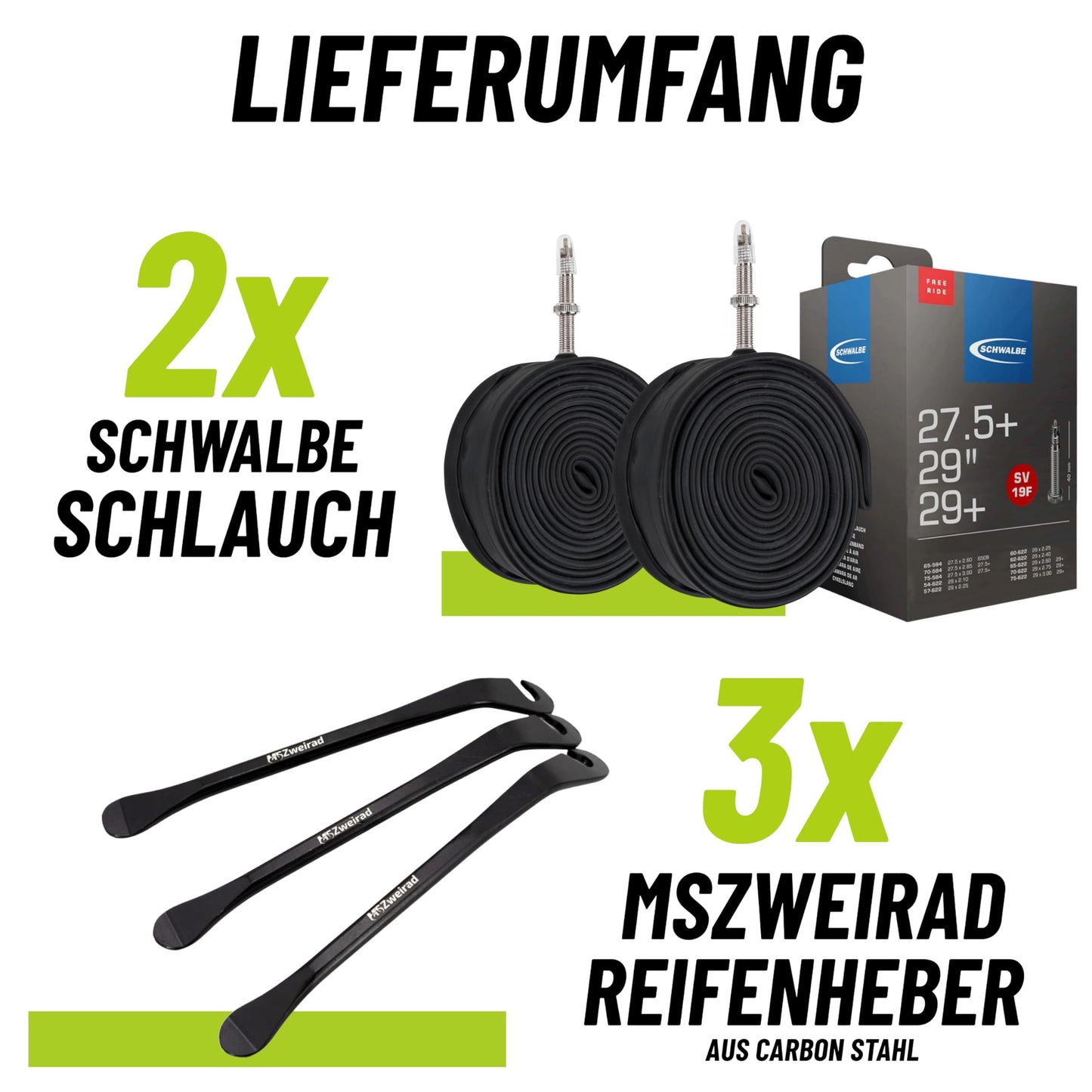2-pack Schwalbe tube SV 19F Freeride 40 mm for 29" (54/75-622) including 3 MSZweirad tire levers