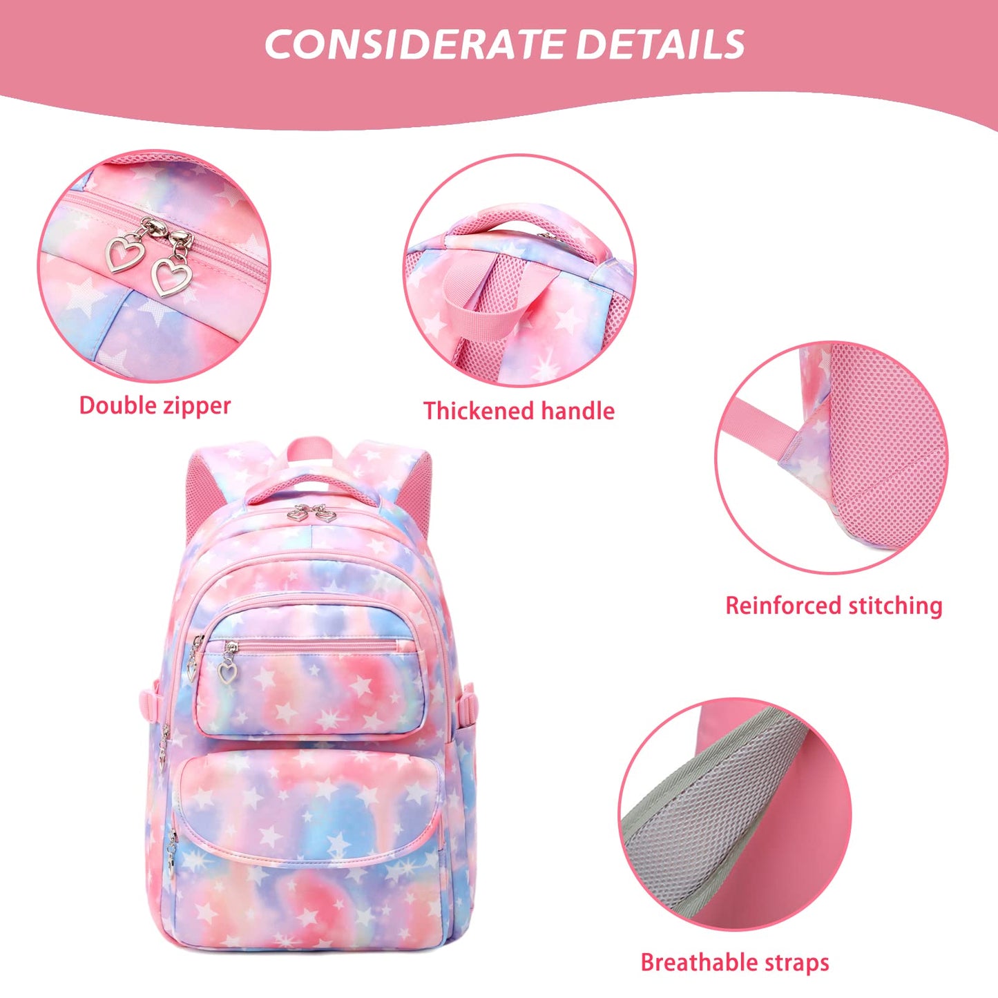 Tanou school backpack set for girls includes lunch bag and pencil case. Lightweight and breathable, suitable for 3rd to 9th grade girls. 22 liter capacity, perfect for travel. Color: pink.