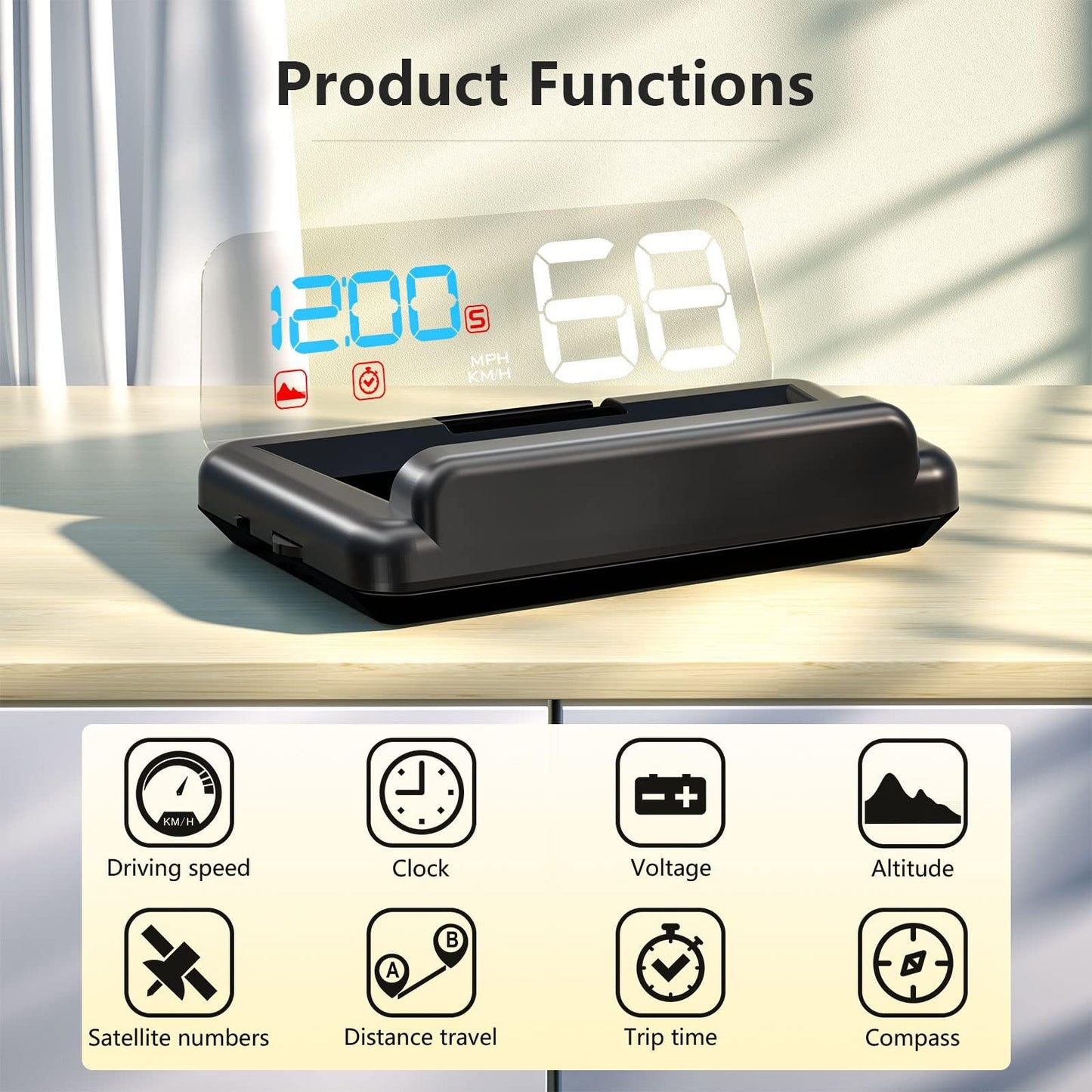 AMROOLOO GPS Speedometer, Mirror Reflective Car Head Up Display, Displays Speed and Time, Compatible with All Vehicles.