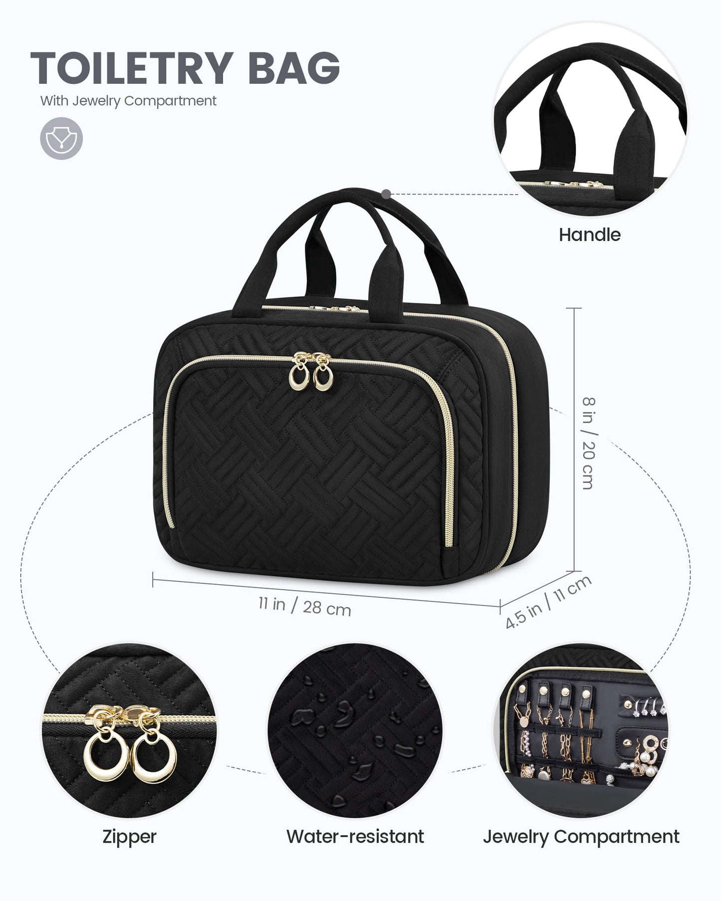 LOVEVOOK culture bag for women with separate jewelry compartment, waterproof hanging toiletry bag, foldable wash bag cosmetic bag large with 360° swivel hook, wash bag for women black