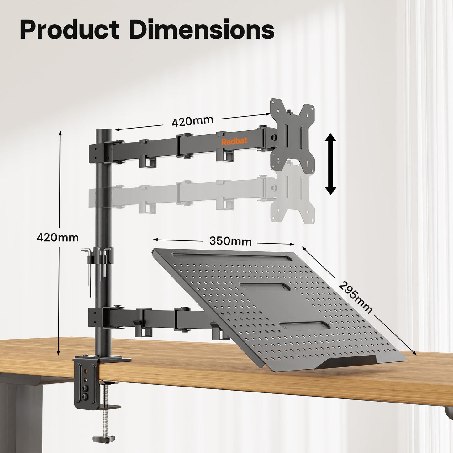 Redbat Monitor Arm with Laptop Tray, Dual Screens, Fully Adjustable for 13 to 32 inch LCD LED Monitor up to 8kg & Notebook up to 16 inch, Tilt, Swivel & Rotate, 2 Mounting Options