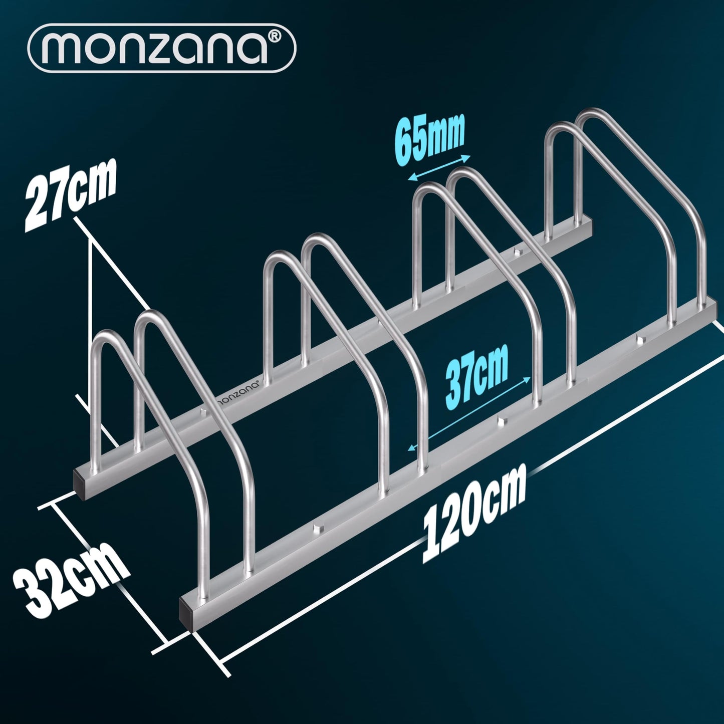 MONZANA® Bike Stand for 4 bikes 37cm wheel distance 30-65mm tire width stainless steel self-locking screws floor or wall mounting multiple stand bike holder bike stand