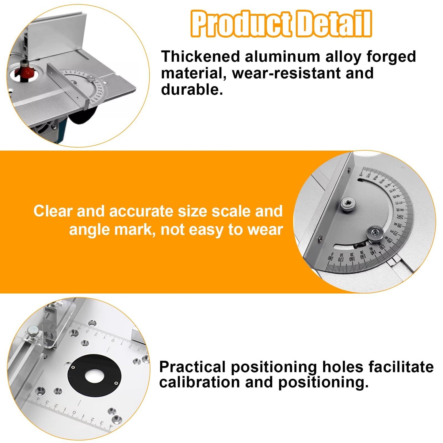 Set of 3 router table insert plates made of aluminum alloy. Includes router table insert plate for routers, silver engraving aid tool, and miter gauge.