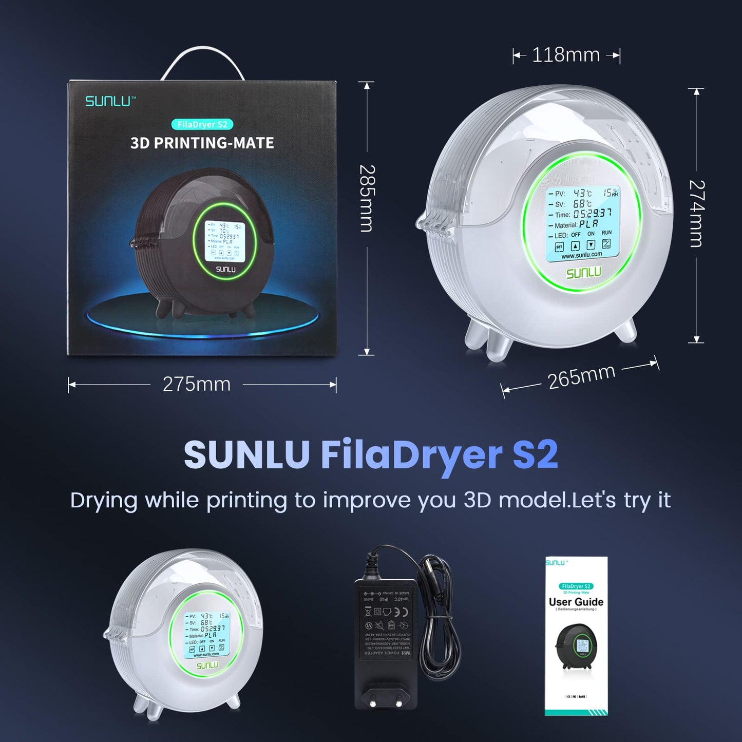 SUNLU Official Filament Dryer S2 with Fan, 360° Surrounding Heating 3D Printer Filament Dryer, 70℃ Max Temperature Efficient Drying, PLA PETG TPU ABS PA PC 3D Filament Dryer Box SUNLU S2, (White)