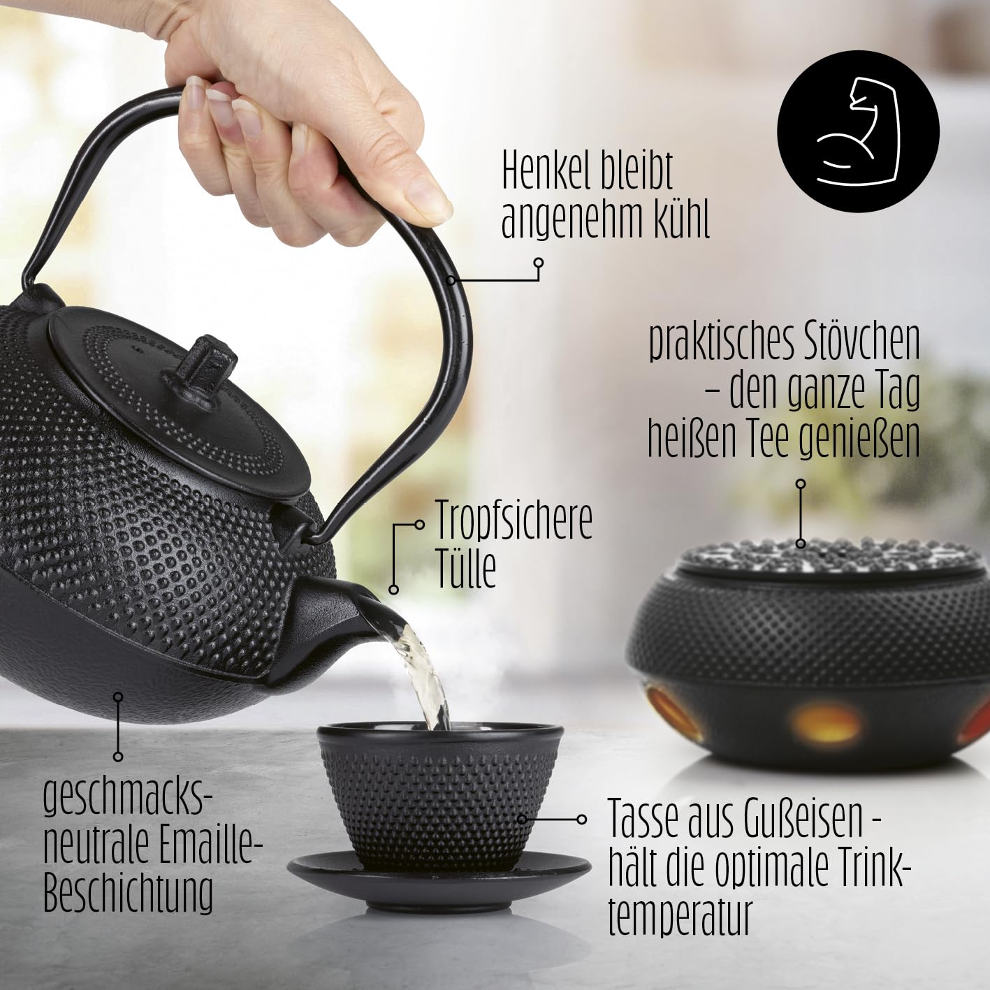 Lumaland 12-piece tea set | 1.4 liter cast iron teapot Tetsubin | cast iron warmer | 4 tea cups & 4 coasters | Japanese tea set includes bamboo measuring spoon & stainless steel sieve