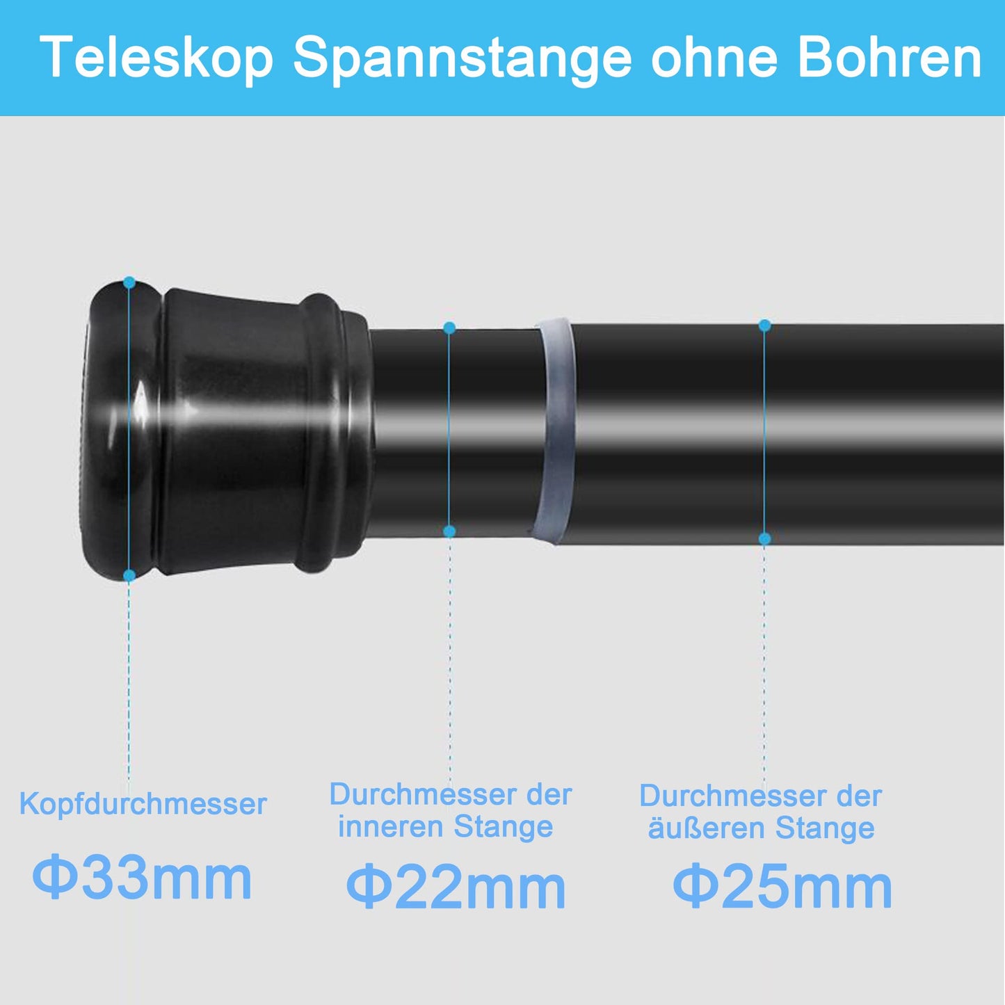 1Piece Curtain Rod No Drill Shower Rod Extendable Clothes Rod for Window, Closet, Bathroom 62-85CM Black (diameter 25mm)