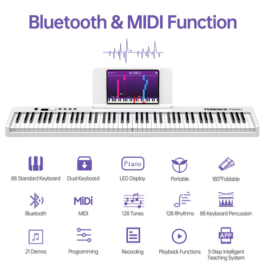TERENCE 88-key piano Foldable keyboard with 1800mAh battery Support MIDI USB interface Piano app Bluetooth Music stand Stickers Audio cable Headphones Sustain pedal White