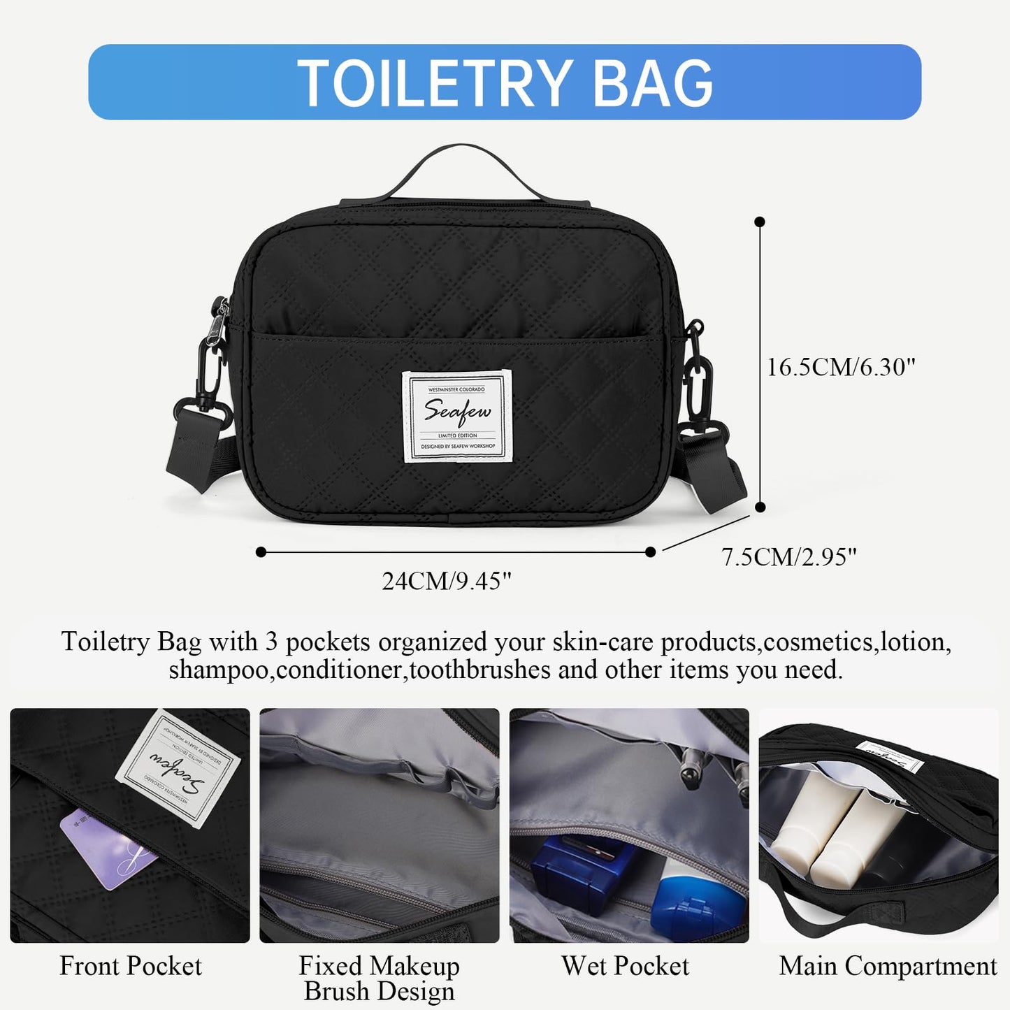 Women's travel bag, sports bag, carry-on bag, weekend bag with toiletry bag, wet pocket, and shoe compartment. Swim bag, travel duffle bag, waterproof sports duffel bag for women. Black.