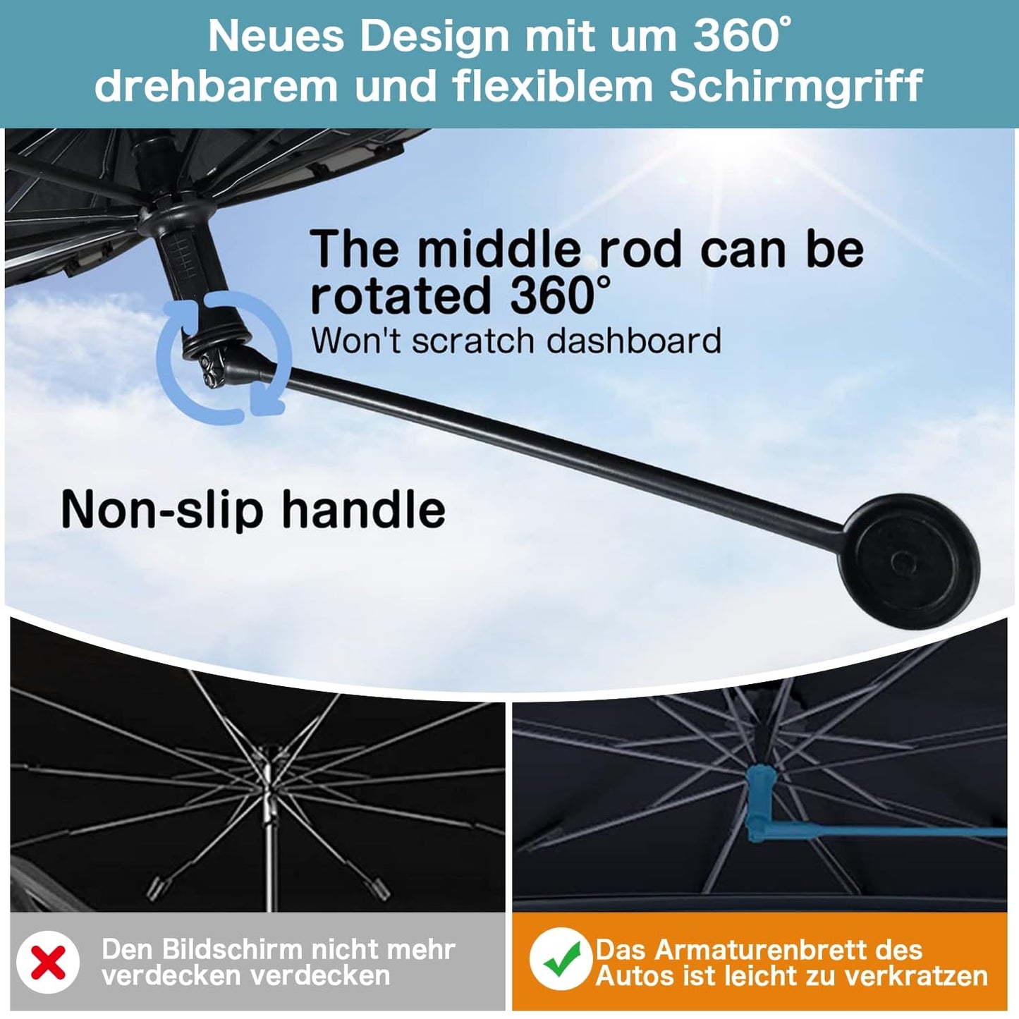 JelKen Car Sunshade Windshield, 2025 Upgrade - 360° Rotatable Handle | Carbon Fiber Skeleton | Effective UV Protection & Heat Insulation | Universal Fit for Most Vehicles, 140x79 cm