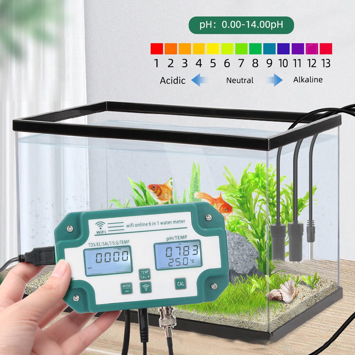 Kadimendium water quality measuring device, highly precise 6 in 1 PH TDS EC SG salt temperature tester with WiFi connection. Ideal for detecting water quality in drinking water. EU plug.