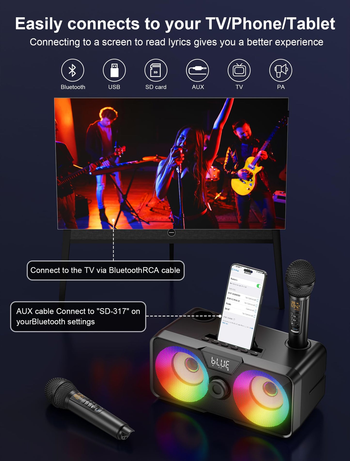 Karaoke machine for adults and kids with 2 wireless microphones, portable Bluetooth singing PA speaker system with LED lights for home parties, weddings, churches, birthday gifts.