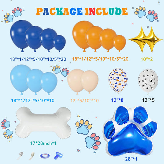 124 Piece Dog Paw Balloon Garland Blue Balloons Dog Foil Balloon Printed Boy Girl Birthday Decor Blue Orange Balloons Dog Theme Kids Birthday Boy Girl Baby Showers
