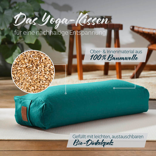 #DoYourYoga Yoga bolster "Paravati" with organic spelt filling, washable cover made of 100% cotton, 67cm x 13cm, yoga pillow/seat cushion/zafu cushion for Yin Yoga - dark green.
