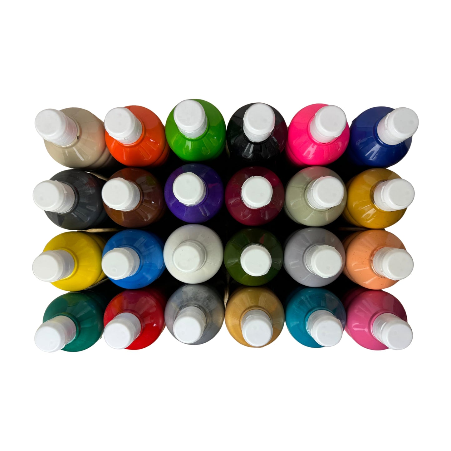 24 color set of acrylic paints, each 500 ml. Highly pigmented and opaque painting colors for canvas, pouring, wood, stone, paper, fabric, metal, etc. All-purpose colors. 24 x 500ml.