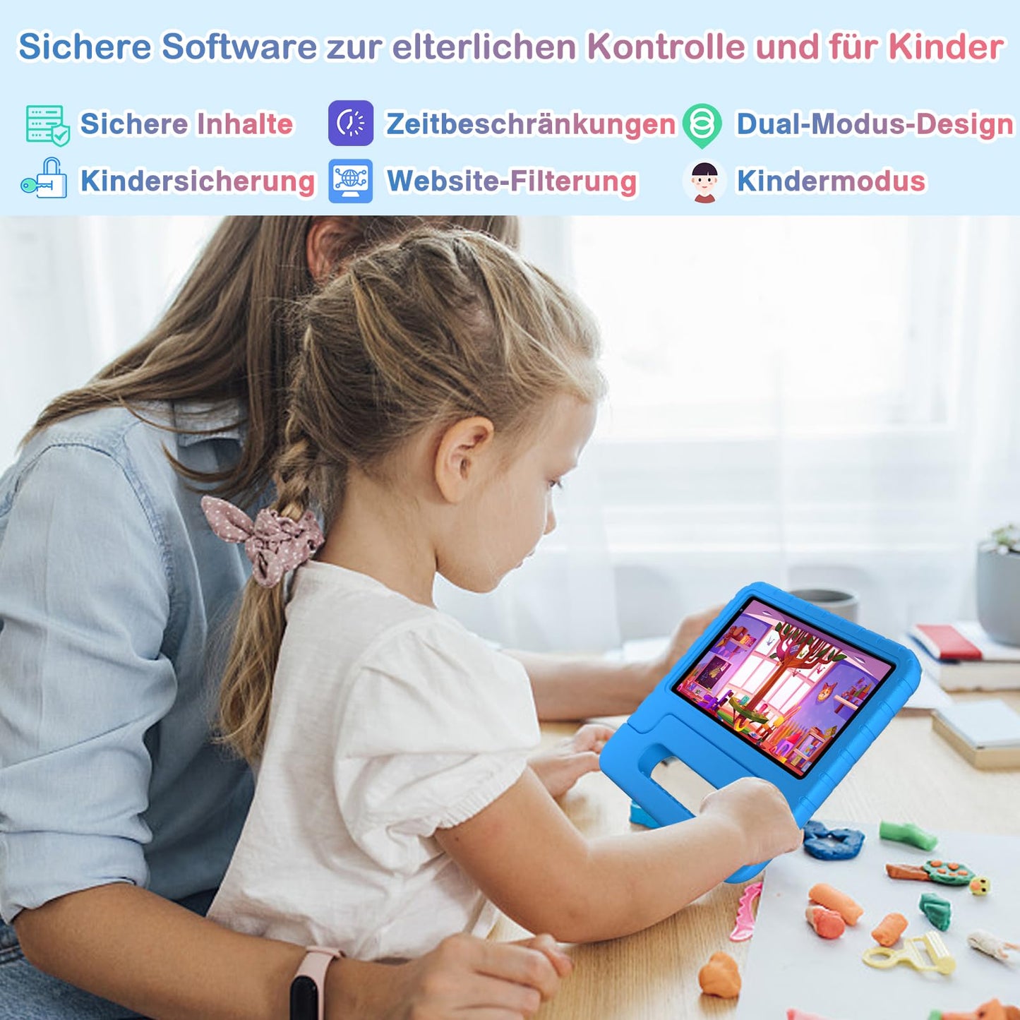 Biegedy Android 14 tablet, 7 inch, 10GB RAM + 64GB ROM/TF 512GB, Octa-core 1.8GHz | Child Educational | Parental Control | 5G Wi-Fi | Dual Camera | BT 5.0, With Blue Holster
