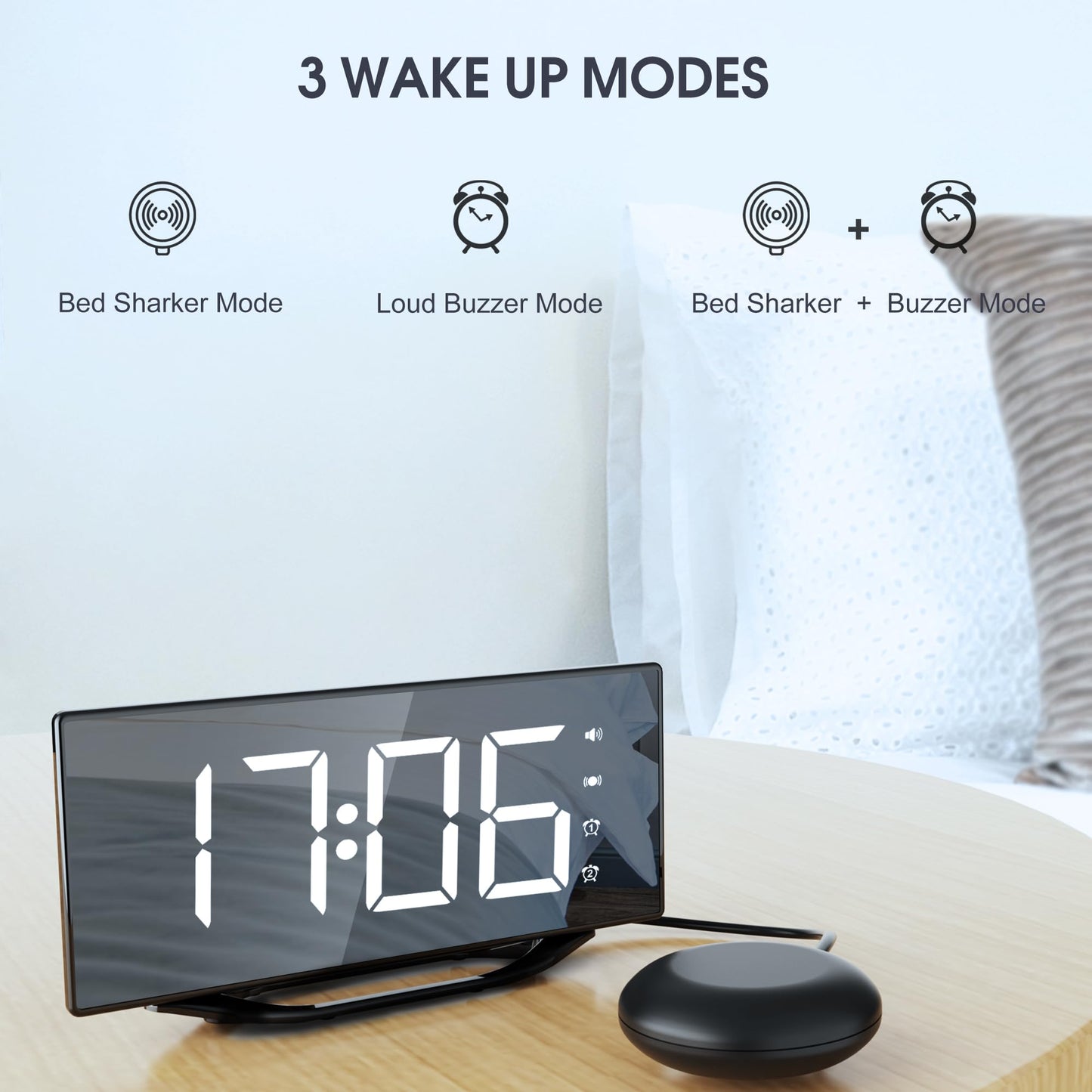 Loud alarm clock with bed shaker for heavy sleepers, digital dual alarm clock with vibration, 8.7'' LED mirror alarm clock for kids, teens, 7 volume levels and dimmer, battery backup, snooze, 12/24H-DST.