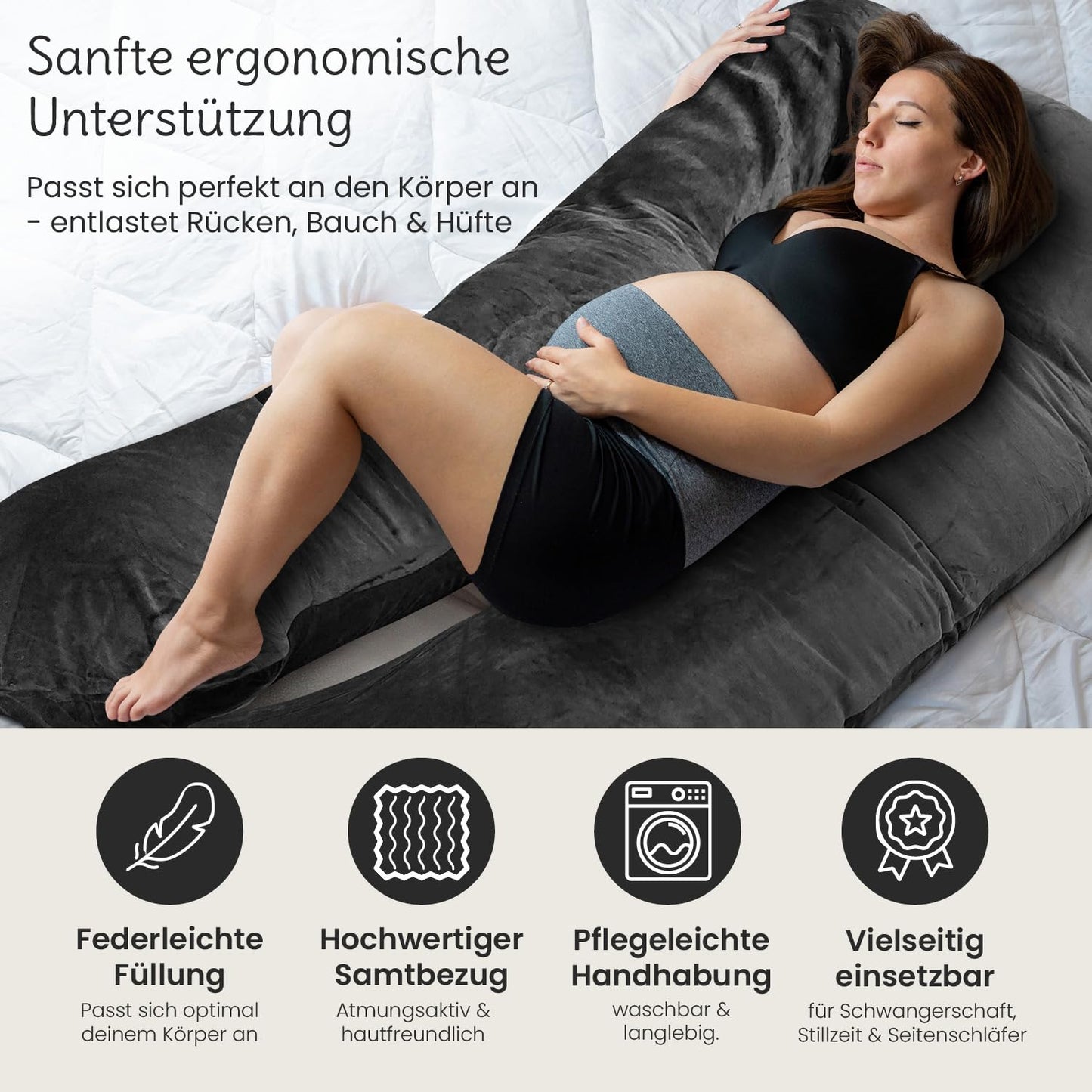 ELONEO Pregnancy Pillow XXL, Side Sleeper Pillow with Cover, Pregnancy Pillow in U shape, Nursing Pillow with soft, removable and washable cover, gray