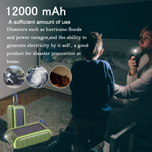CXYP Powerbank Solar Charger, 12000mAh Hand Crank Power Bank Solar Generator with Dual USB Outputs and Flashlight External Battery for Smartphones, Tablets, and Camping.