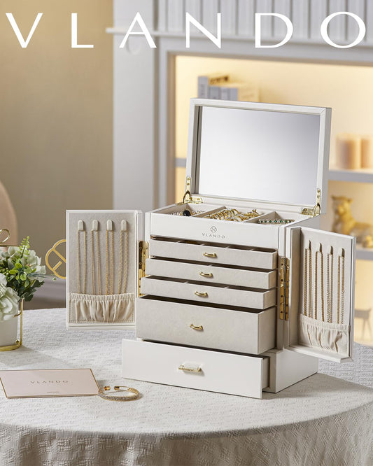 Vlando Jewelry Box Large, French Jewelry Box 6 Layers, Jewelry Organizers Large XXL with Mirror, Drawers, Jewelry Storage for Women, Jewelry Box for Earrings, Necklaces, Watches