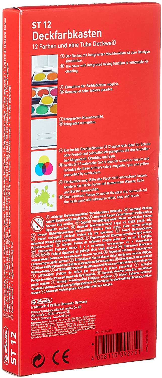 Herlitz 10116655 School paint or opaque watercolor set, 12 colors including opaque white (school paint + 12 brushes)