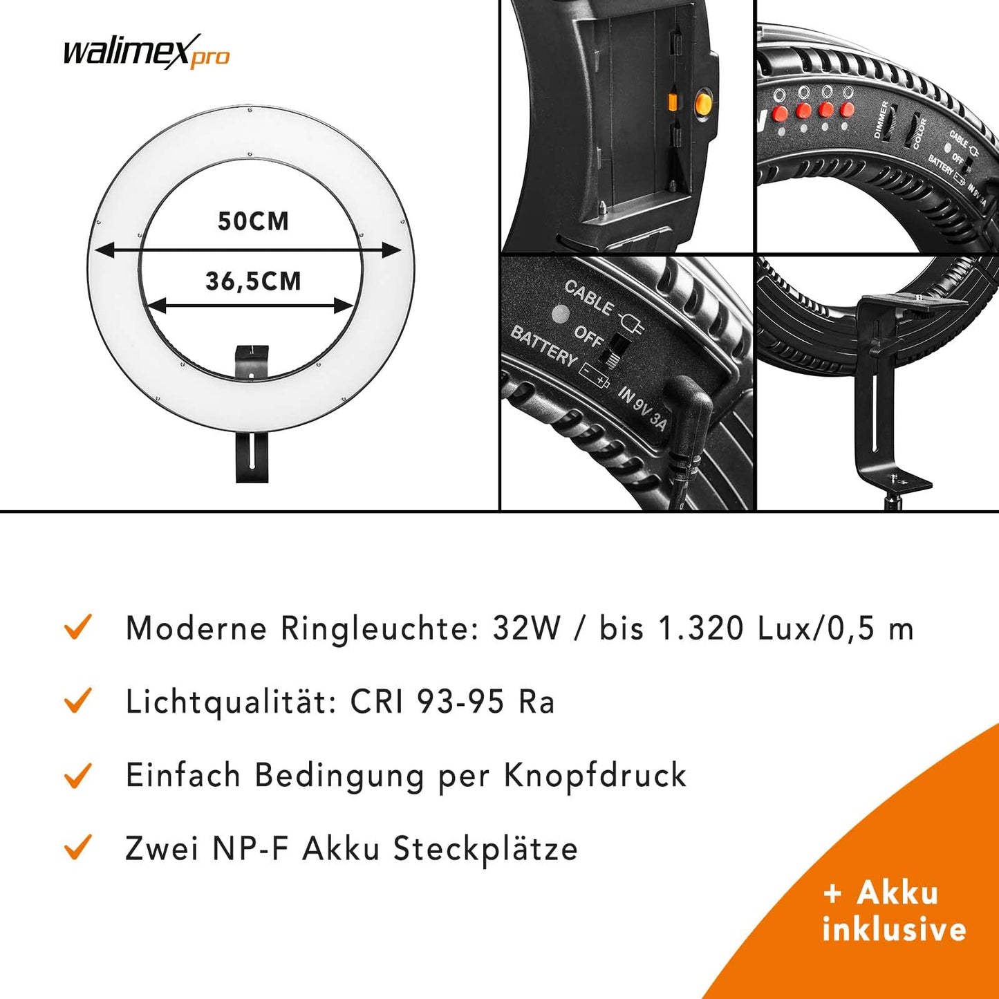 Walimex pro dimmable LED ring light 32W with lamp stand & 2 batteries I ring light with individually switchable sectors I 500 Bi Color camera light & selfie light I with accessories + bag