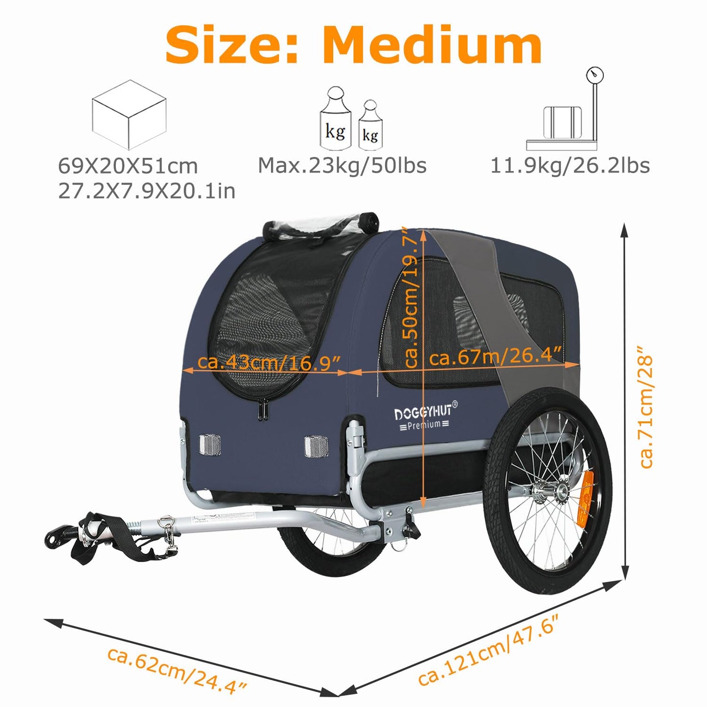 DOGGYHUT® MEDIUM Bicycle Dog Trailer for dogs up to 23 kg Foldable bike trailer (BLUE)