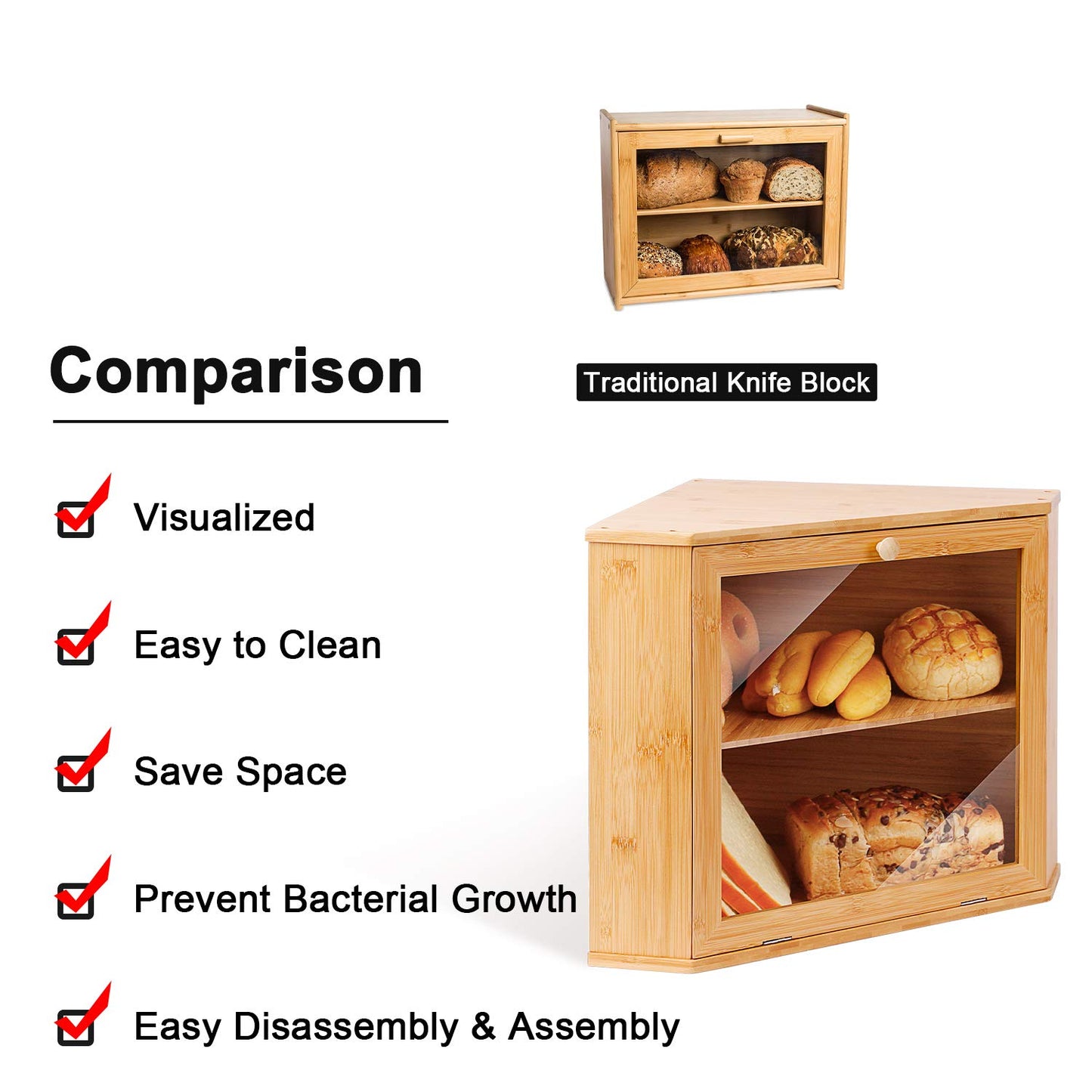 Leader Accessories bamboo bread box 2 tier bread container for corner food-safe bread storage easy to clean 32x32x34cm